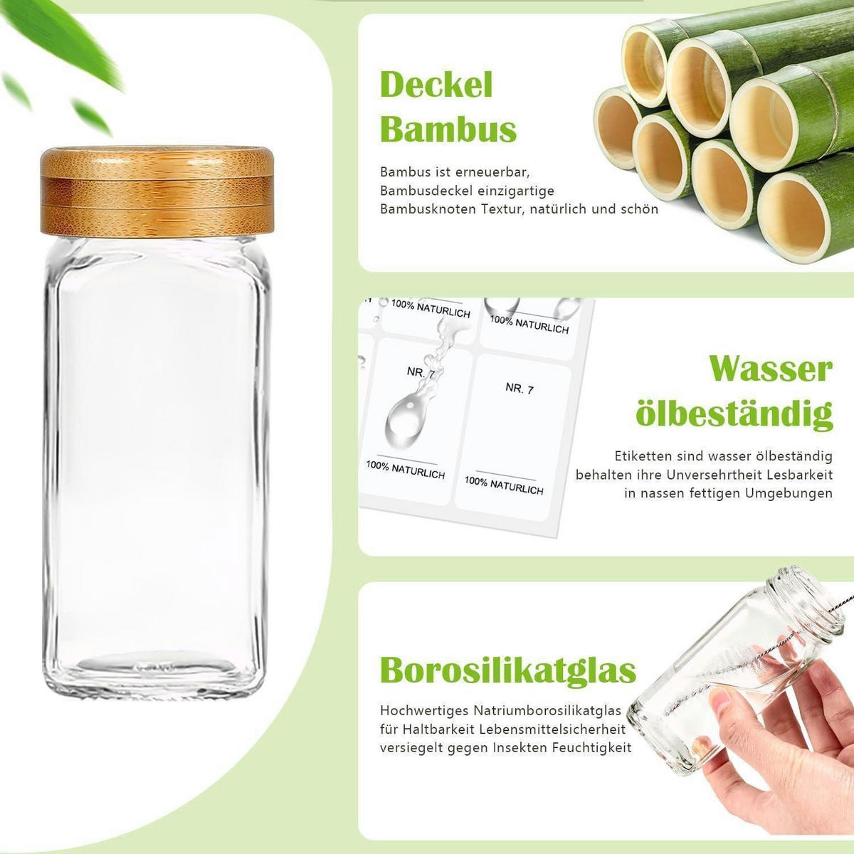 GEWÜRZGLÄSER 12-teiliges Set mit Bambusdeckel 120ml - Multicolor, Glas (4.5/10.5/4.5cm)
