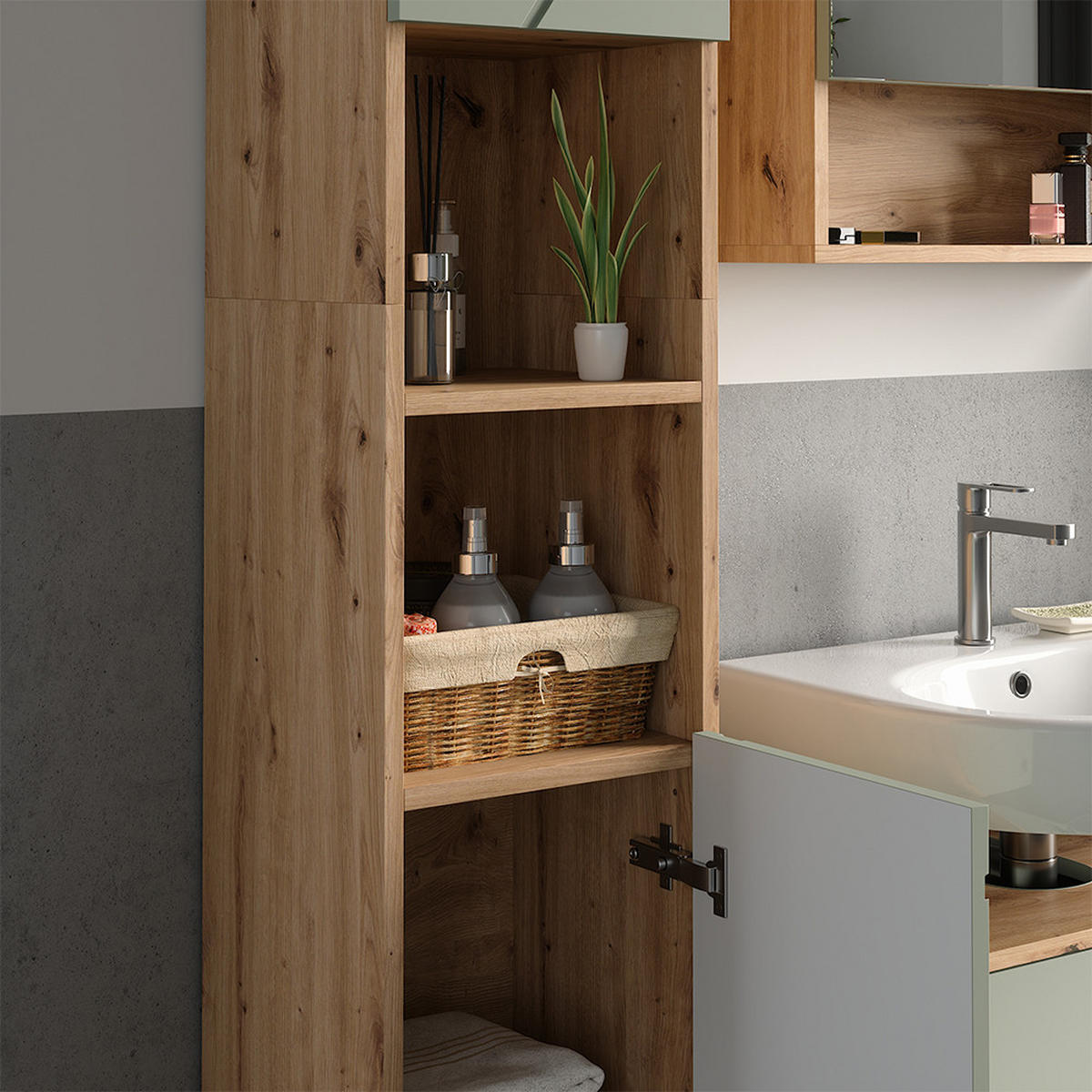 BADSCHRANK Irma Salbeigrün 30 x 192 cm - Salbeigrün, Holzwerkstoff (30/192/30cm) - Vicco