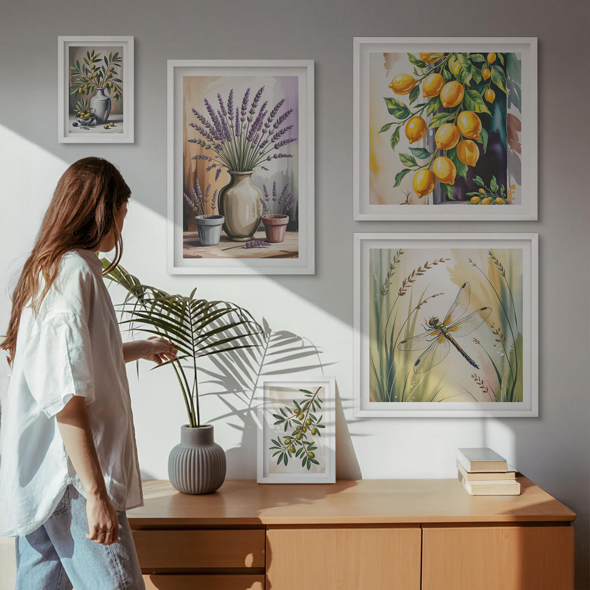 BILDER SET 5er Set - 50x50 cm & 20x30 cm & 40x60 cm Weißer Rahmen - Lavendelblüten und Architektur - Weiß, Kunststoff (40/60cm) - TULUP
