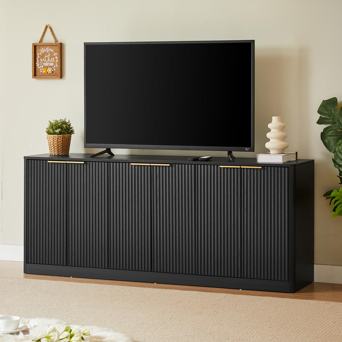 SIDEBOARD 170/40/70,5 cm in Schwarz mit 6 Türen und Wellenfront - Schwarz, Holzwerkstoff (170/70.5/40cm) - Flora Grace