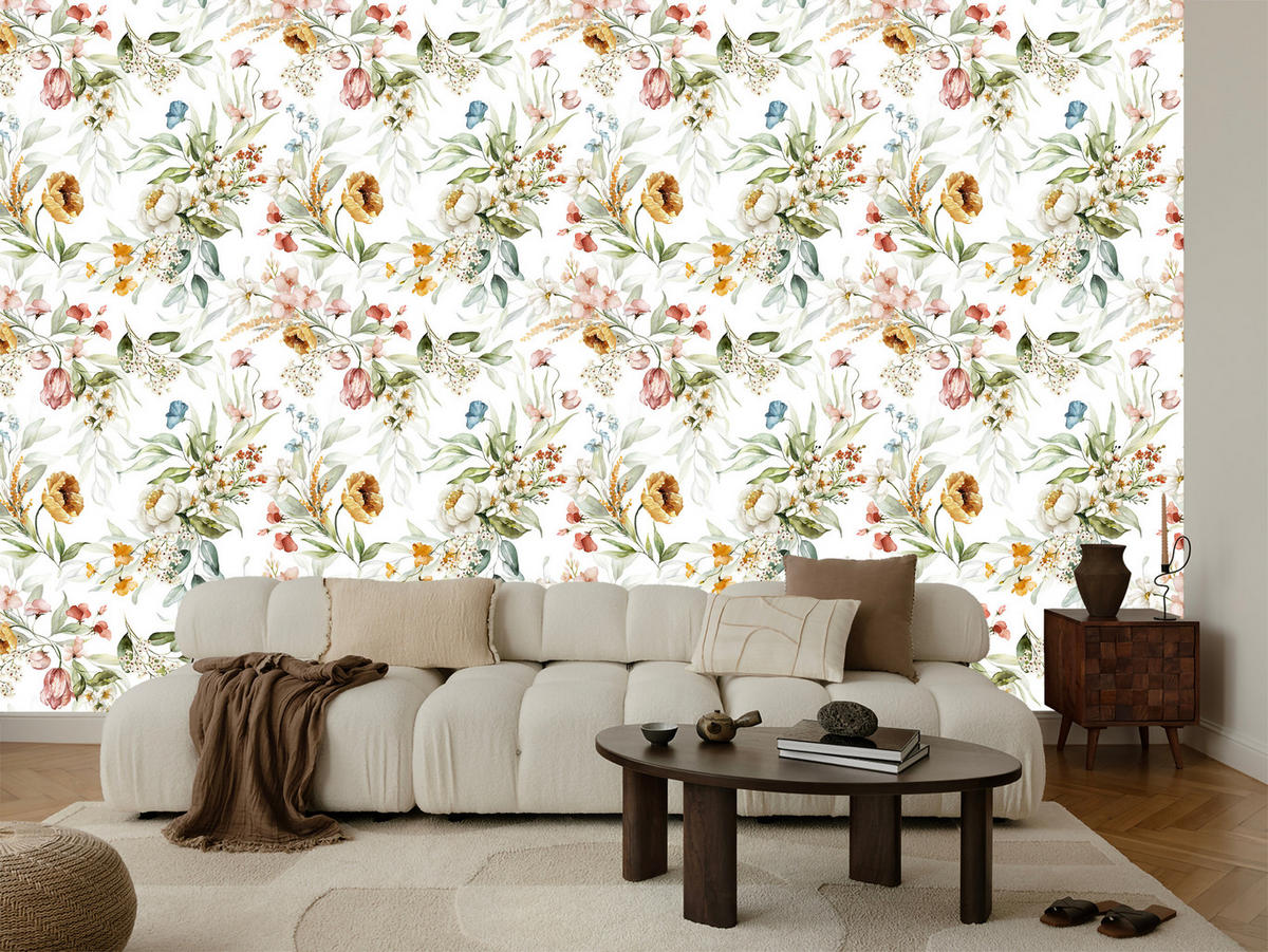 VLIESTAPETE Aquarell-Wiesenblumen – Bunt, Weiß – 50x1000 cm - Multicolor/Weiß, Papier (50/1000cm) - Muralo