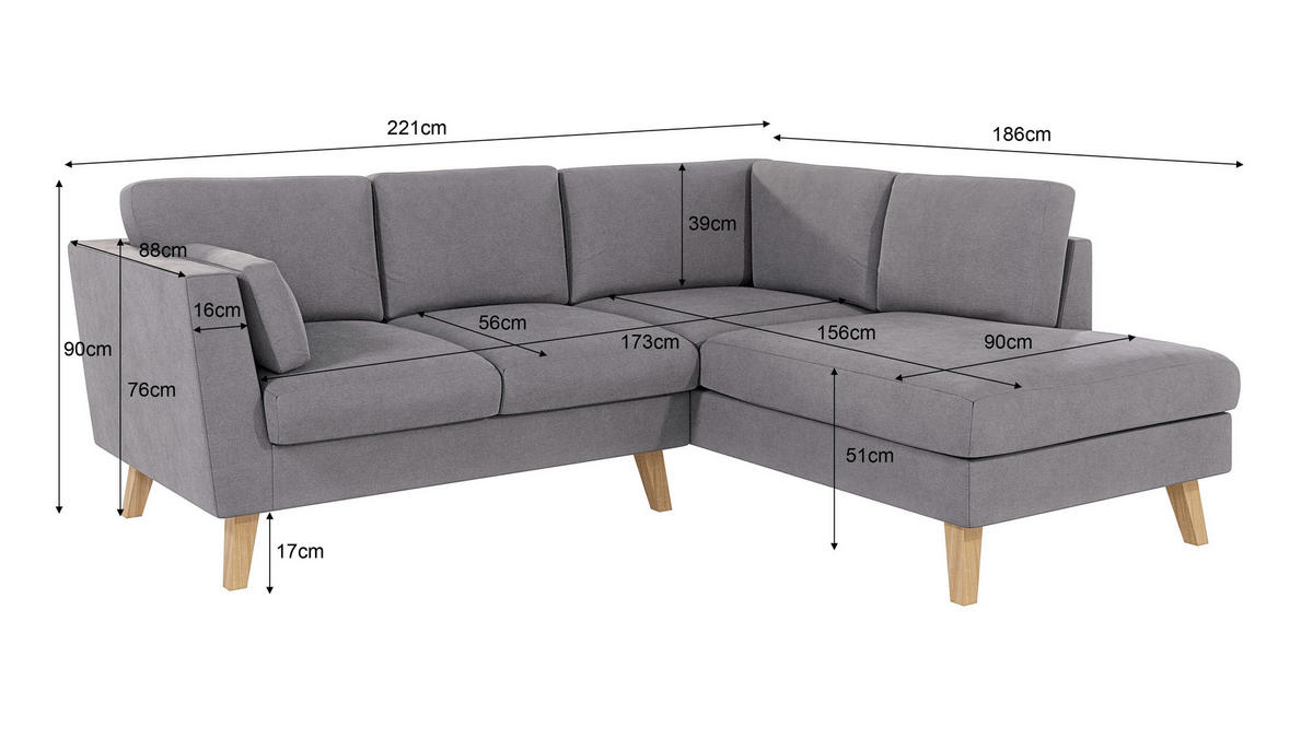 ECKSOFA Mario Grau Microfaser - Naturfarben/Grau, Buchenholz/Textil (221/186cm) - S-Style Möbel