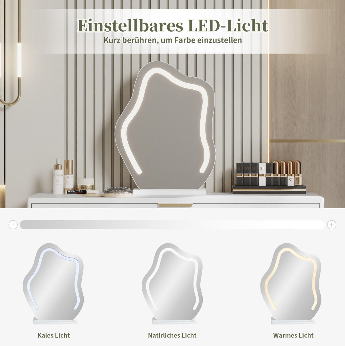 SCHMINKTISCH 100/40/78 cm aus Spanplatte mit LED-Spiegel, 2 Schubladen, ausziehbarem Seitenschrank und Metallbeinen, Weiß - Weiß, Holzwerkstoff (100/78/40cm) - Redom