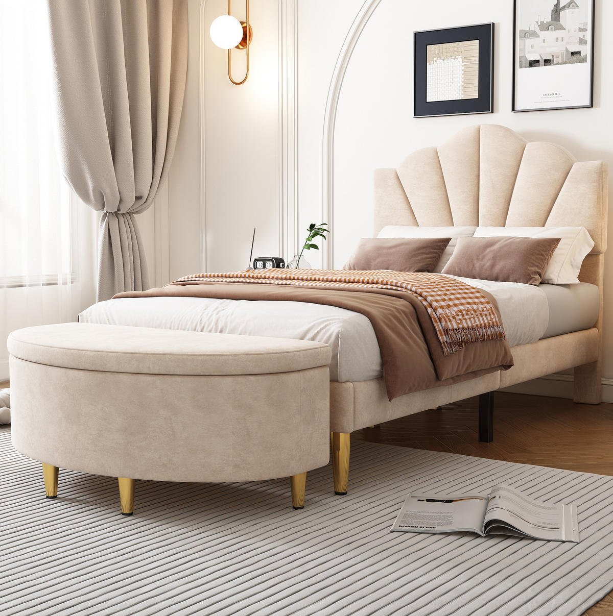 POLSTERBETT aus Samt 90x200 cm Beige mit verstellbarem Kopfteil und Stauraum - Beige, Textil (90/200cm) - IVMEU