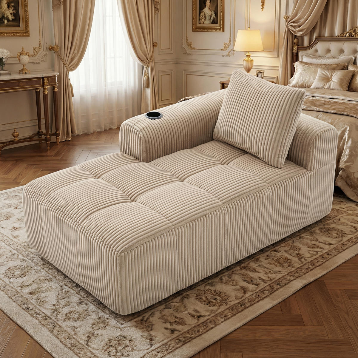 CHAISELONGUE in Cord (158 cm) mit Getränkehalter & Seitentaschen - Taupe, Textil (158/61/93cm) - Urban Meuble