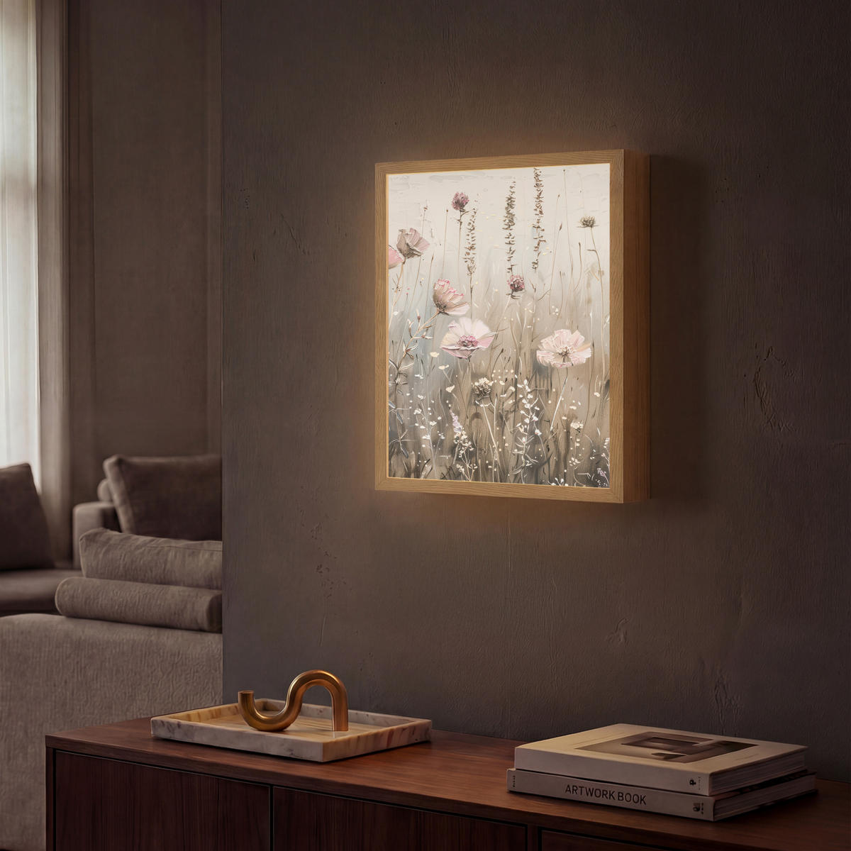NÁSTĚNNÁ LAMPA S AKUMULÁTOREM Květiny - růžová - moderní - béžová 30x40 cm - starorůžová, kompozitní dřevo (30/40/8cm) - OnlyWow
