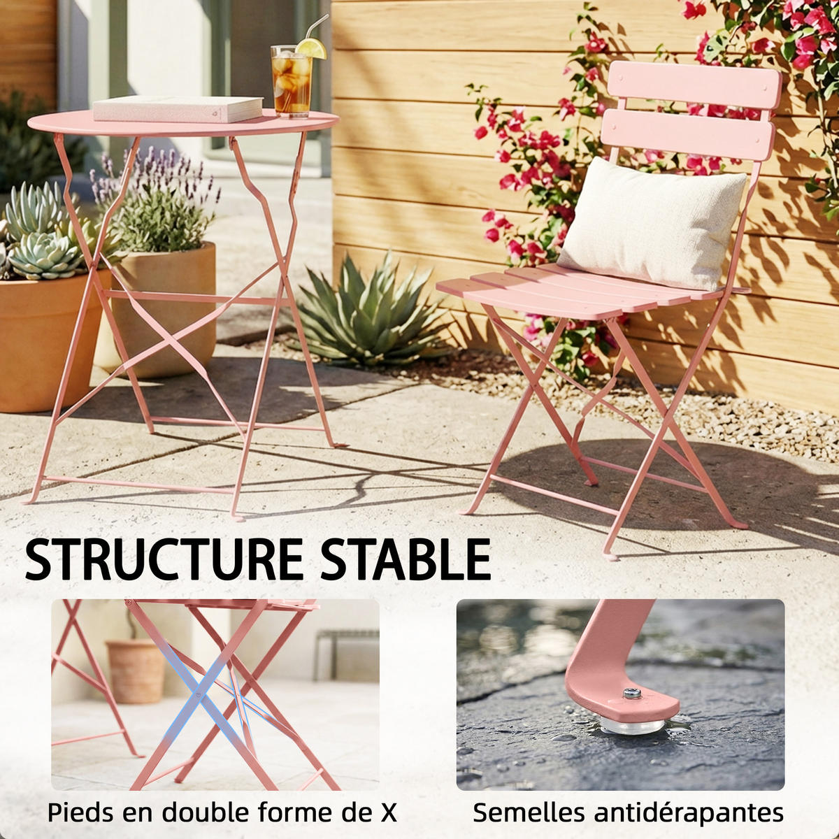 BALKONSET DE-14220 klappbar, Lattenrost Rose - Pink, Metall - ComfortXL