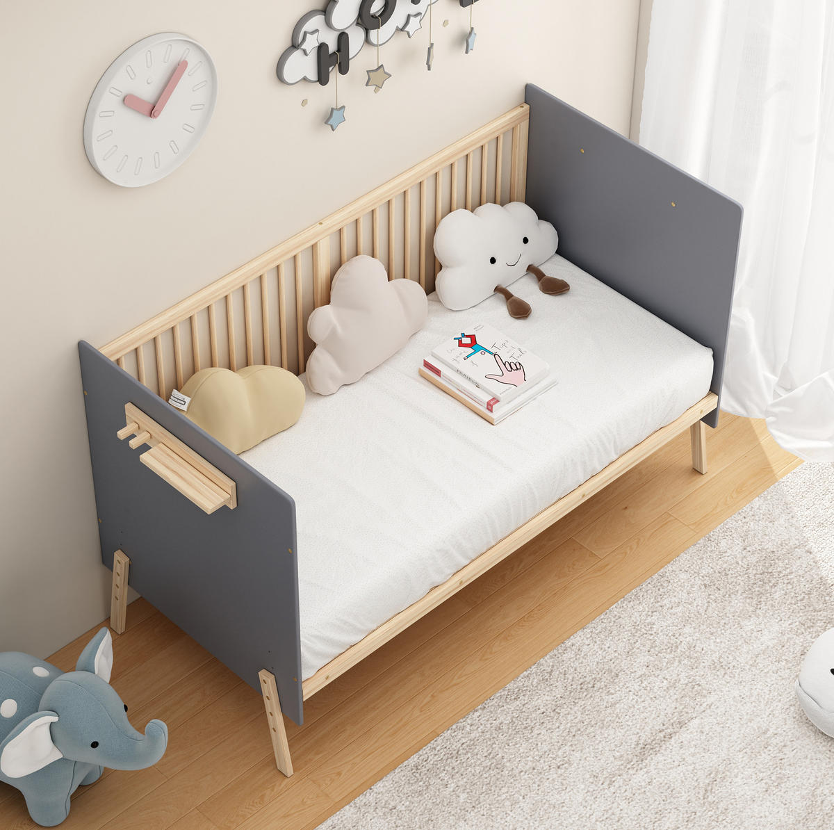 KINDERBETT Babybett 70/140 cm aus massivem Fichtenholz mit 3-facher Höhenverstellung Blaugrau/Natur - Blau, Holz (70/140cm) - Modenvie