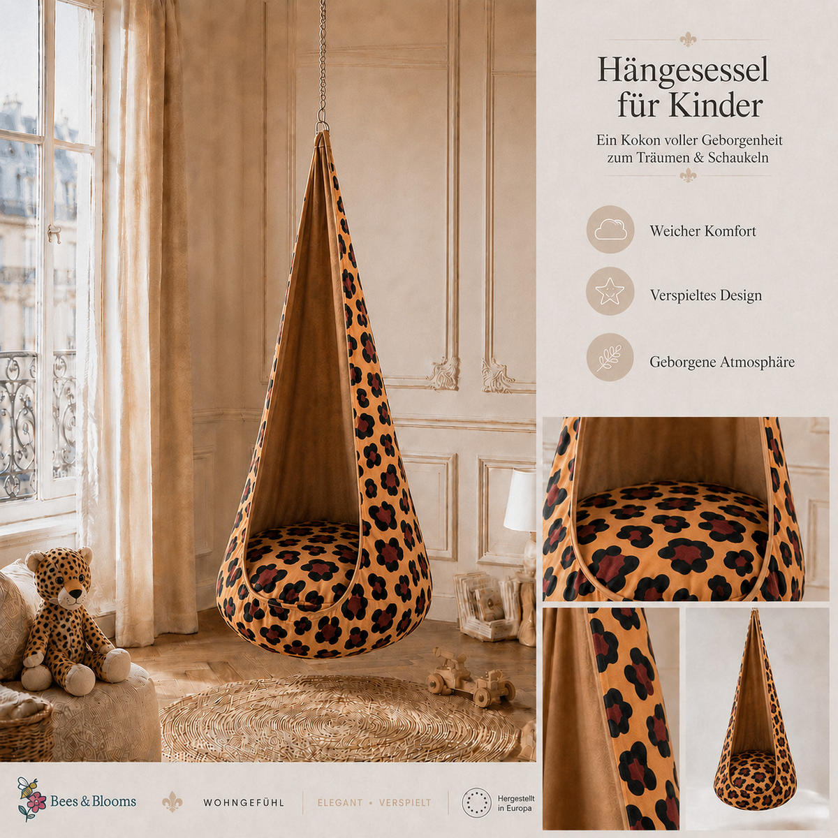 KINDER-HÄNGESESSEL XXL Leopard – weiche Cocoon-Schaukel zum Spielen und Entspannen - Schwarz, Textil (85/180/85cm) - Bees & Blooms