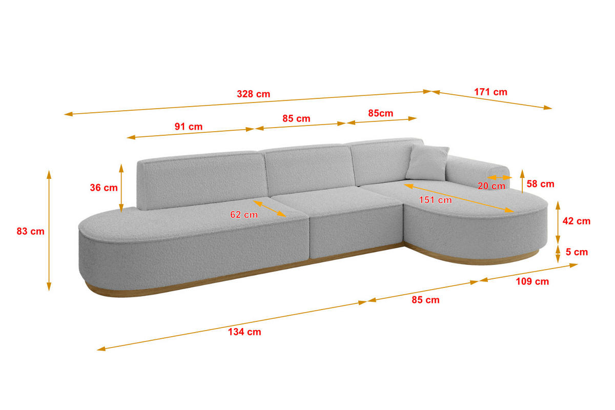 ECKSOFA Ottomane Rechts MARI-L2-v2 - 328x171x83 cm Hellgrau Bouclé - Hellgrau, Holzwerkstoff/Textil (171/328cm) - ALTDECOR