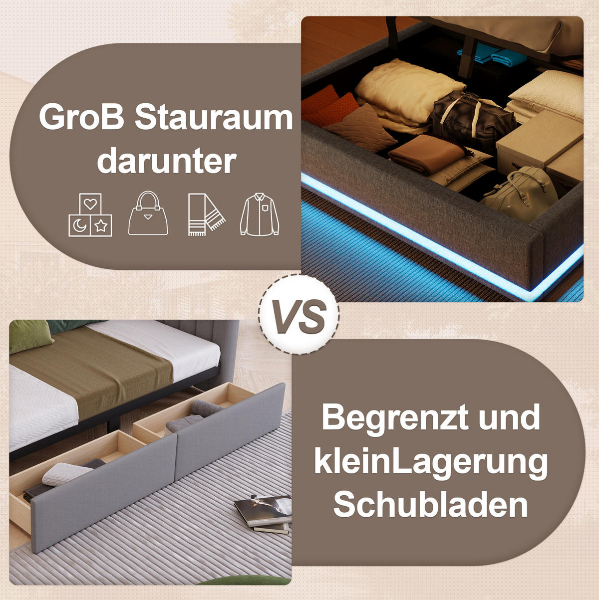 POLSTERBETT 140/200 cm Grau aus Leinen mit LED-Lichtleiste und Stauraum - Grau, Textil (140/200cm) - OKMYHOME