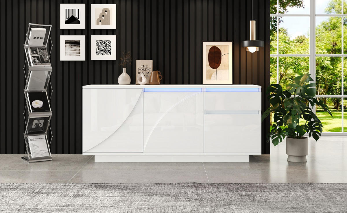 SIDEBOARD 140/40/60 cm mit 3 Türen, 1 Schublade & LED in Weiß Hochglanz - Weiß, Holzwerkstoff (140/60/40cm) - BEAOK
