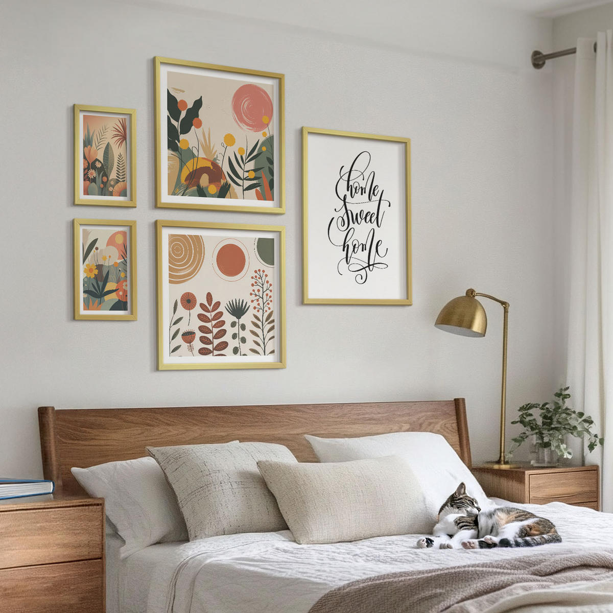 BILDER SET 5er Set - 50x50 cm & 20x30 cm & 40x60 cm Goldrahmen - Pastellfarbene Pflanzenmuster - Goldfarben, Kunststoff (40/60cm) - TULUP