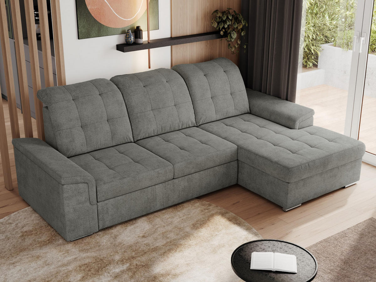 ECKSOFA MADRITO L - Grau Struktur - Rechts - Silberfarben/Grau, Textil/Metall (256/160cm)