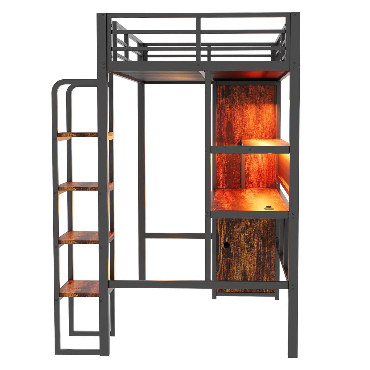 HOCHBETT 90/200 cm in Schwarz mit Schreibtisch, LED, Regal und Kleiderschrank - Schwarz, Holzwerkstoff/Metall (90/200cm) - CHICFURN