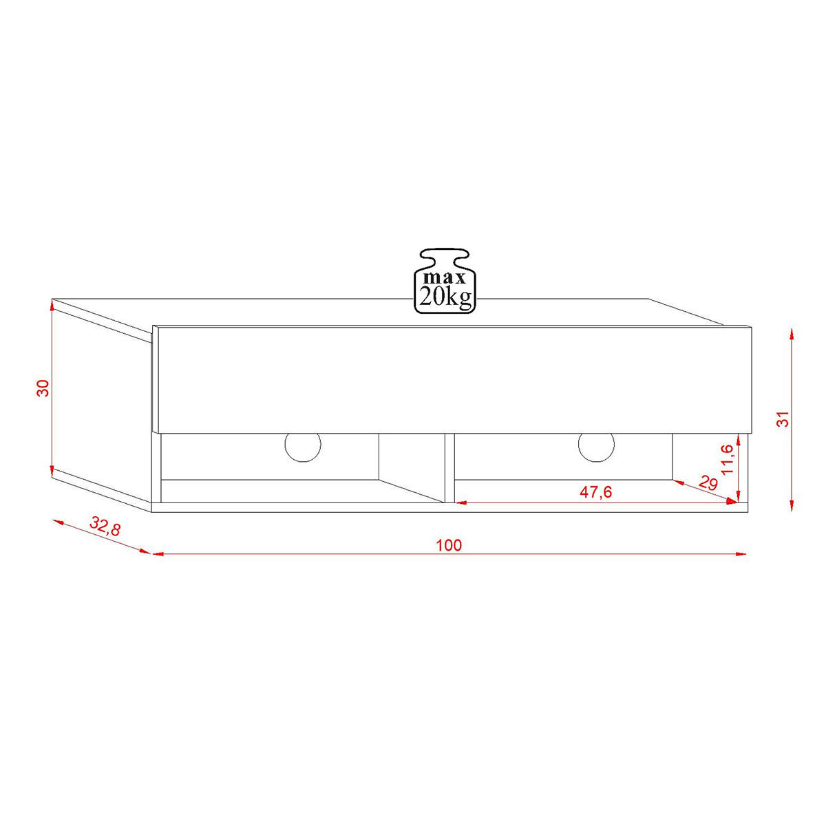 TV-MÖBEL Wandmontage 1 Klapptür und 2 Ablagen - Derby - 100/31/30 cm - Apfelbaumfarben, Holzwerkstoff (31/30/100cm) - Calicosy