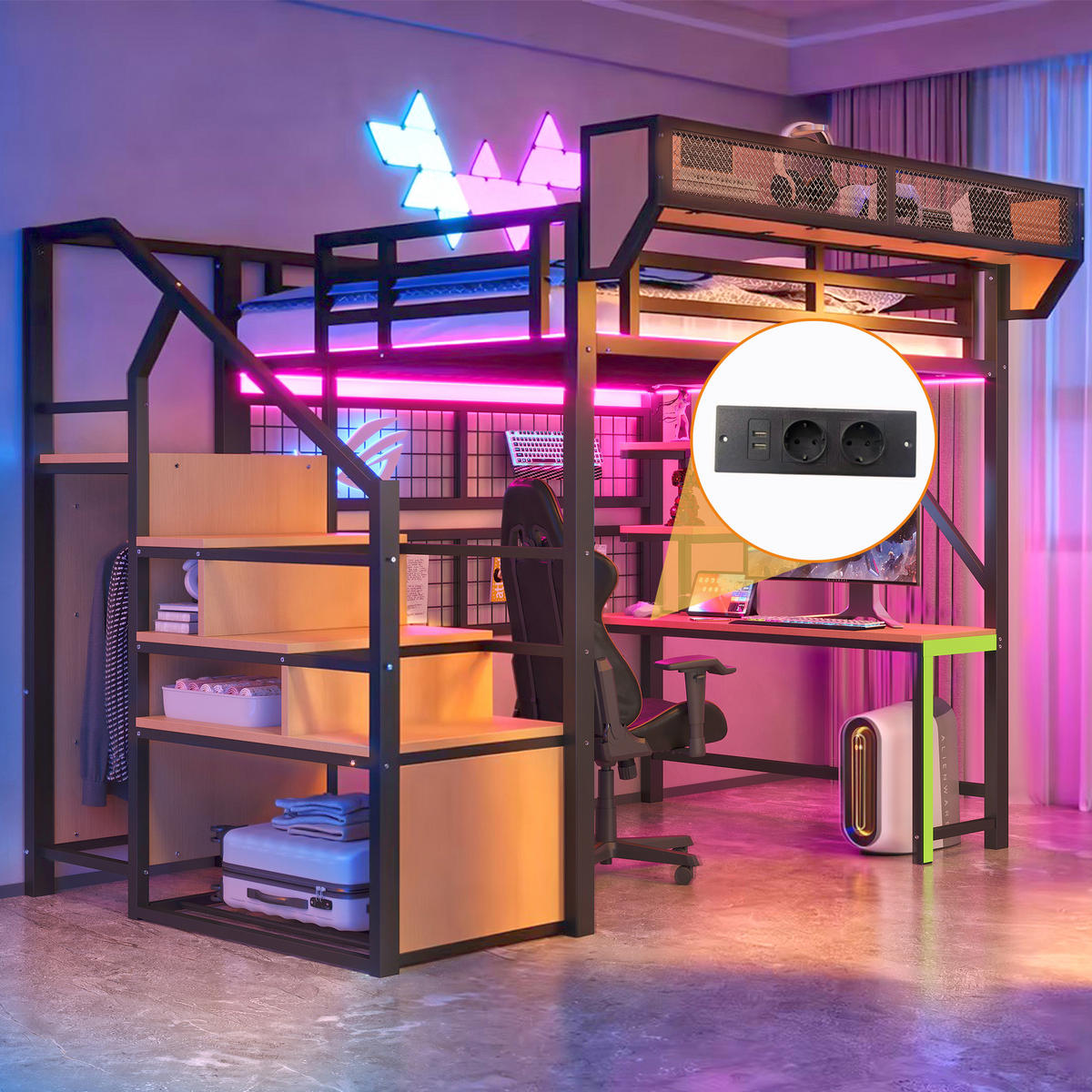 HOCHBETT 140x200cm Schreibtisch Regal LED Schwarz - Schwarz, Metall (140/200cm) - FLIEKS
