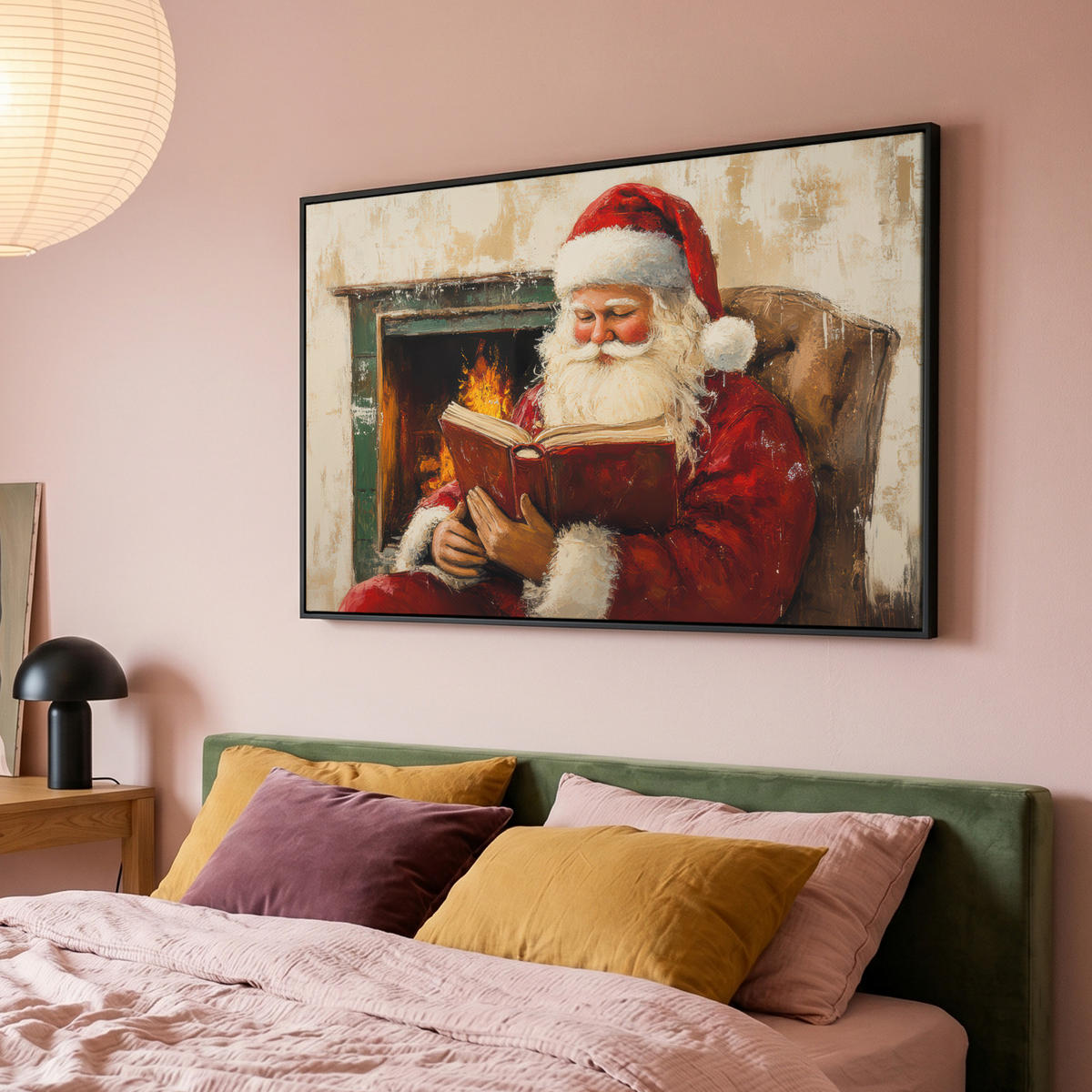 LEINWAND Bilder mit Rahmen - Weihnachten - Weihnachtsmann - Winter - Open Fireside - 150x100 - Dunkelrot, Textil (150/100cm) - MuchoWow