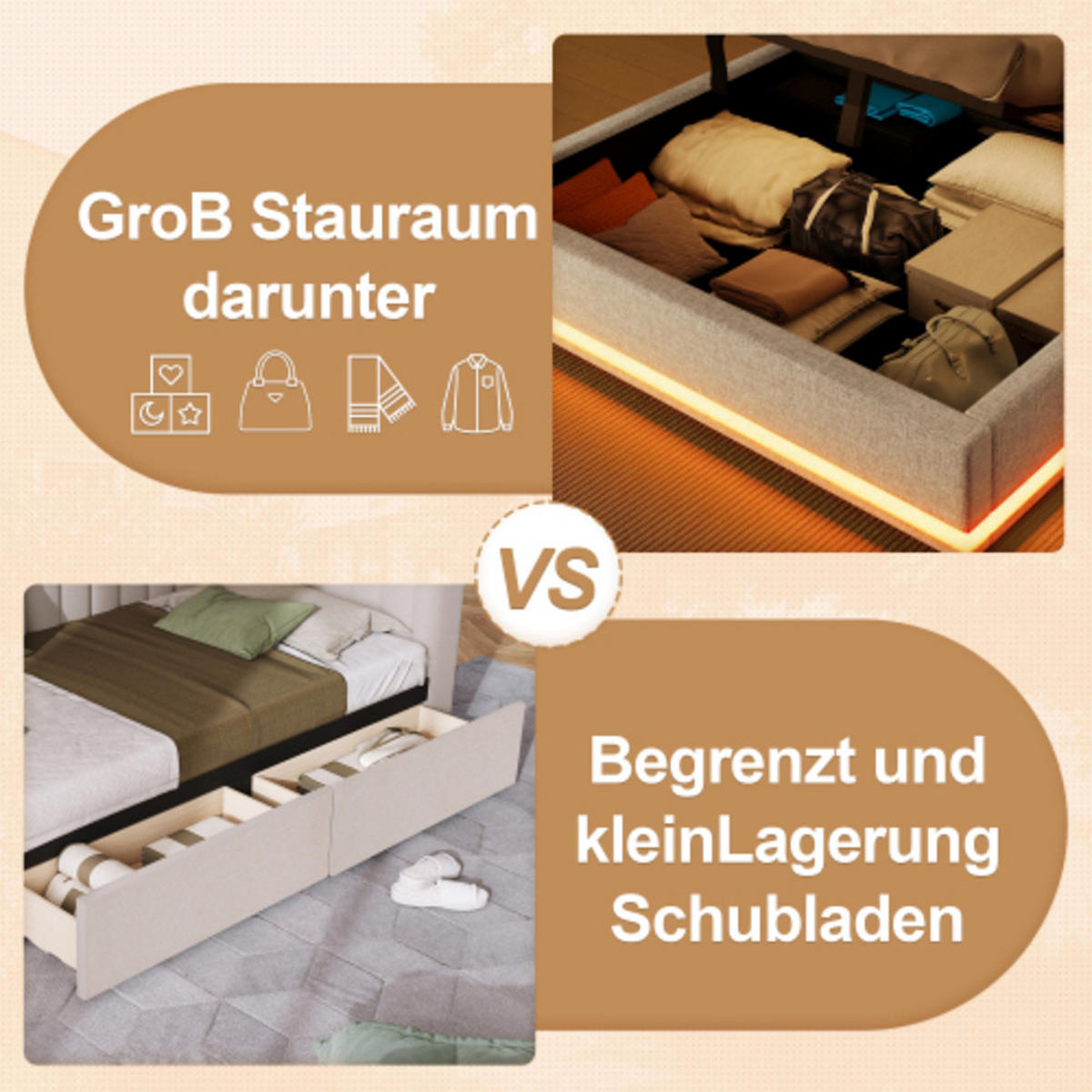 POLSTERBETT 140 × 200 cm mit Leinenbezug, LED-Lichtleisten, Hydraulikstauraum und USB-C Schnellladestation, beige - Beige, Textil (140/200cm) - Luhomfu