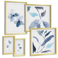 BILDER SET 5er Set - 50x50 cm & 20x30 cm & 40x60 cm Goldrahmen - Minimalistische blaue Blumen - Goldfarben, Kunststoff (40/60cm) - TULUP