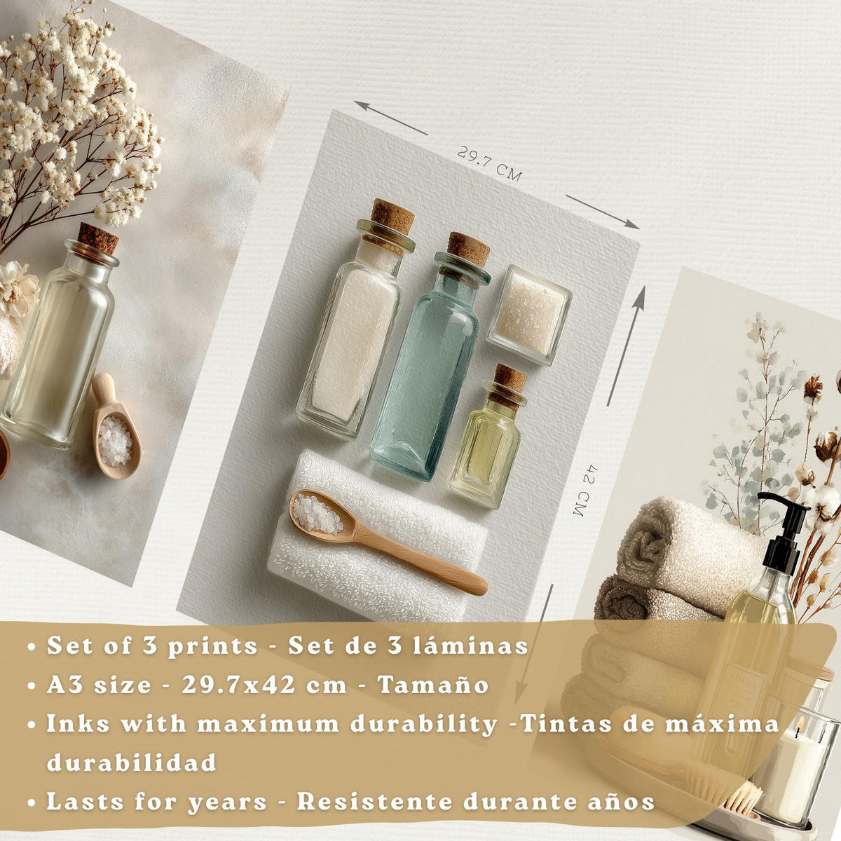 POSTER 3er-Set dekorative Badezimmer-Wandbilder und für Waschbecken, Dusche, WC mit Flaschen, Badesalz und Handtüchern, Naturstil Rahmenlos A3 - Klar, Papier (42/29.7/3cm) - Nacnic