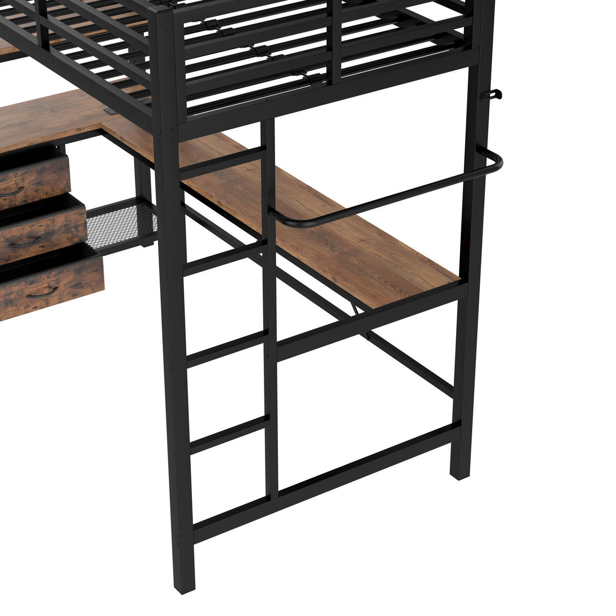 HOCHBETT 90/200 cm DE-04518, mit LED, Schreibtisch, 3 Schubladen und Regalen in Schwarz - Schwarz, Metall (90/200cm) - ComfortXL