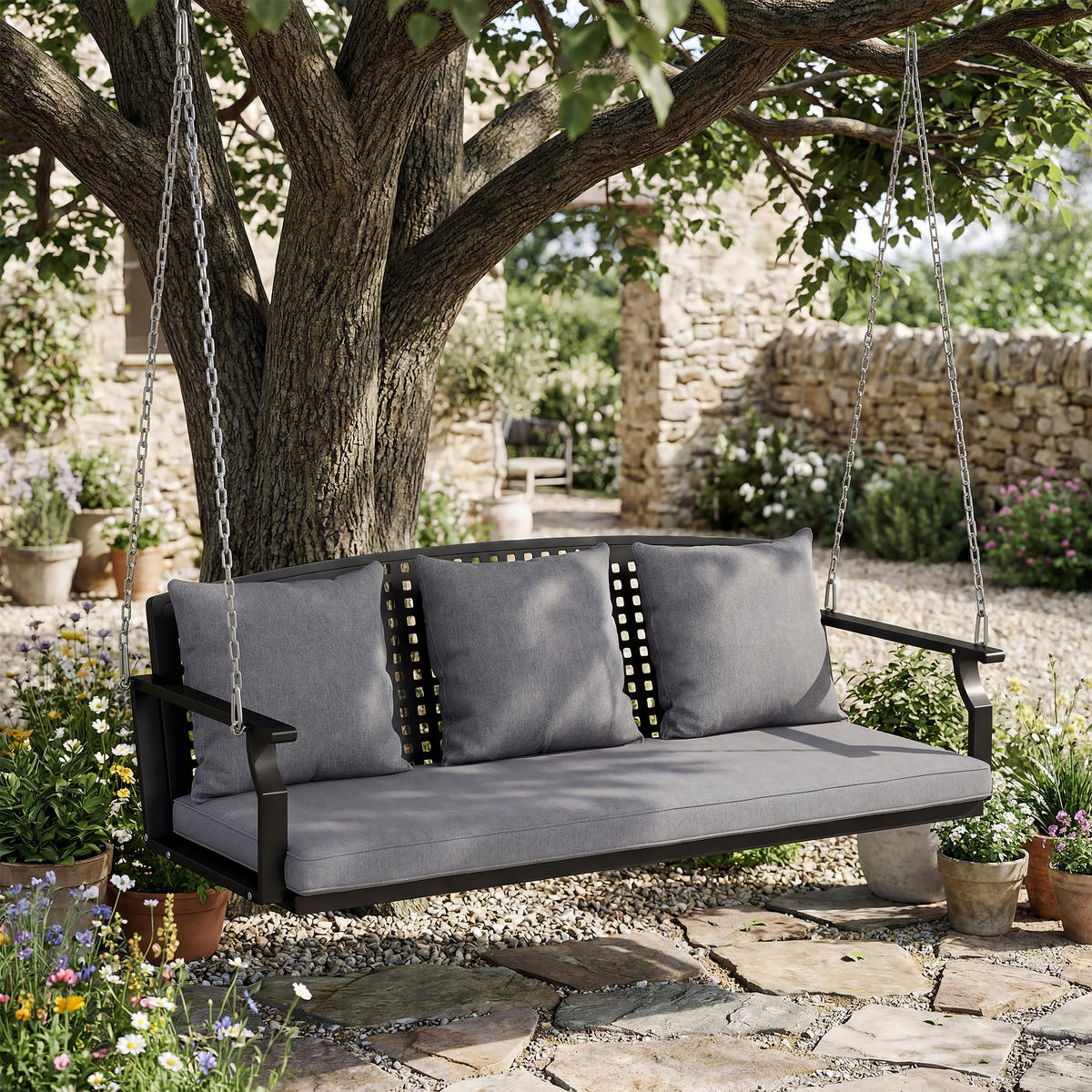 HÄNGEBANK Stahl Grau - Schwarz/Grau, Textil/Metall (66/51/154cm) - Outsunny