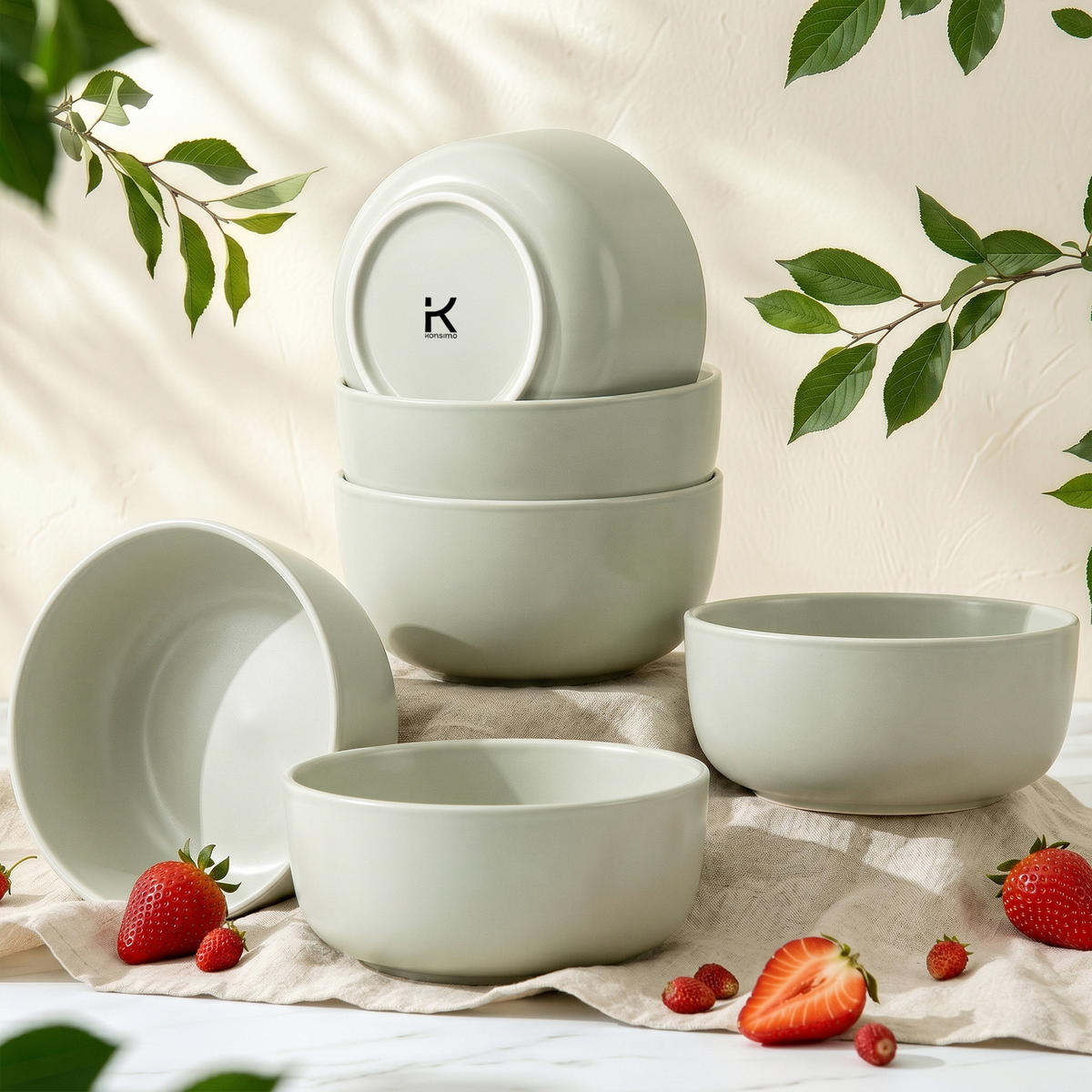 SCHÜSSEL-SET VICTO 6 Personen 6-tlg, matt beige/grün/grau - Hellgrün, Keramik - KONSIMO®