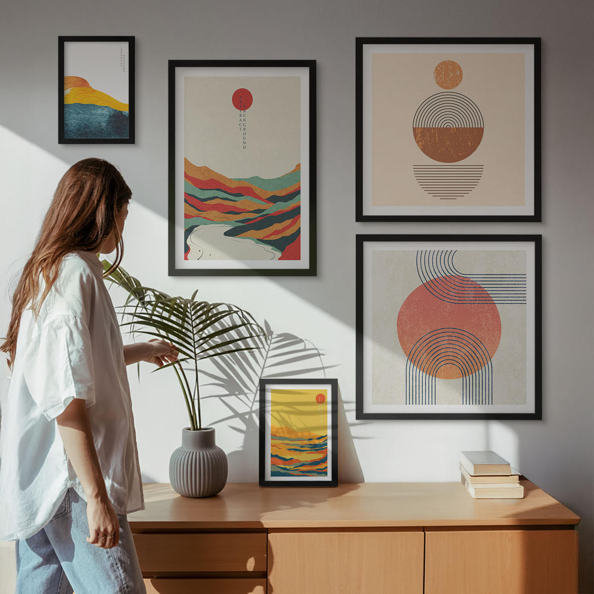 BILDER SET 5er Set - 50x50 cm & 20x30 cm & 40x60 cm Schwarzer Rahmen - Abstrakte Berglandschaften - Schwarz, Kunststoff (40/60cm) - TULUP