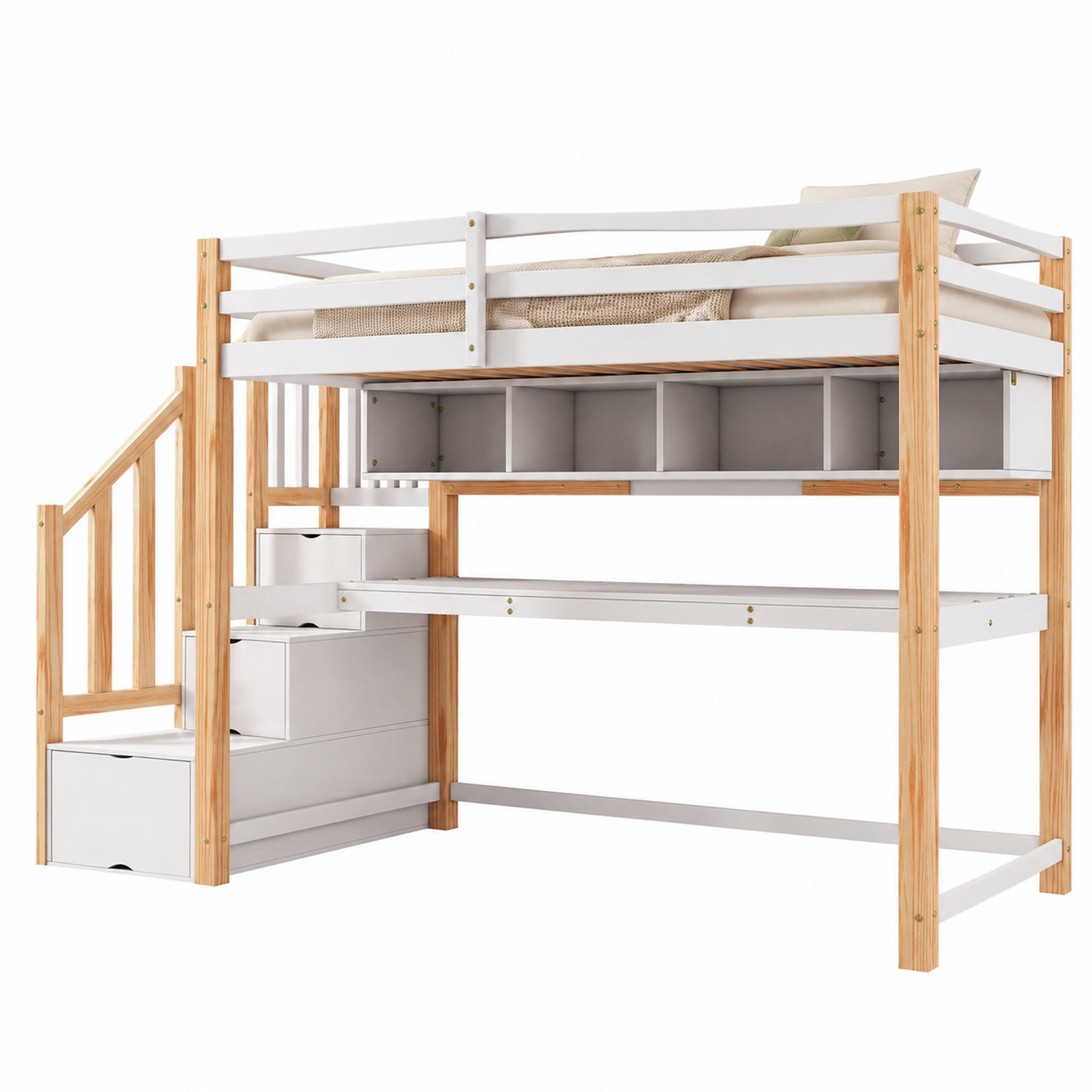 HOCHBETT mit Schreibtisch und Treppe 90x200 cm Weiß/Eiche - Wengefarben, Holz (90/200cm) - Meubliv