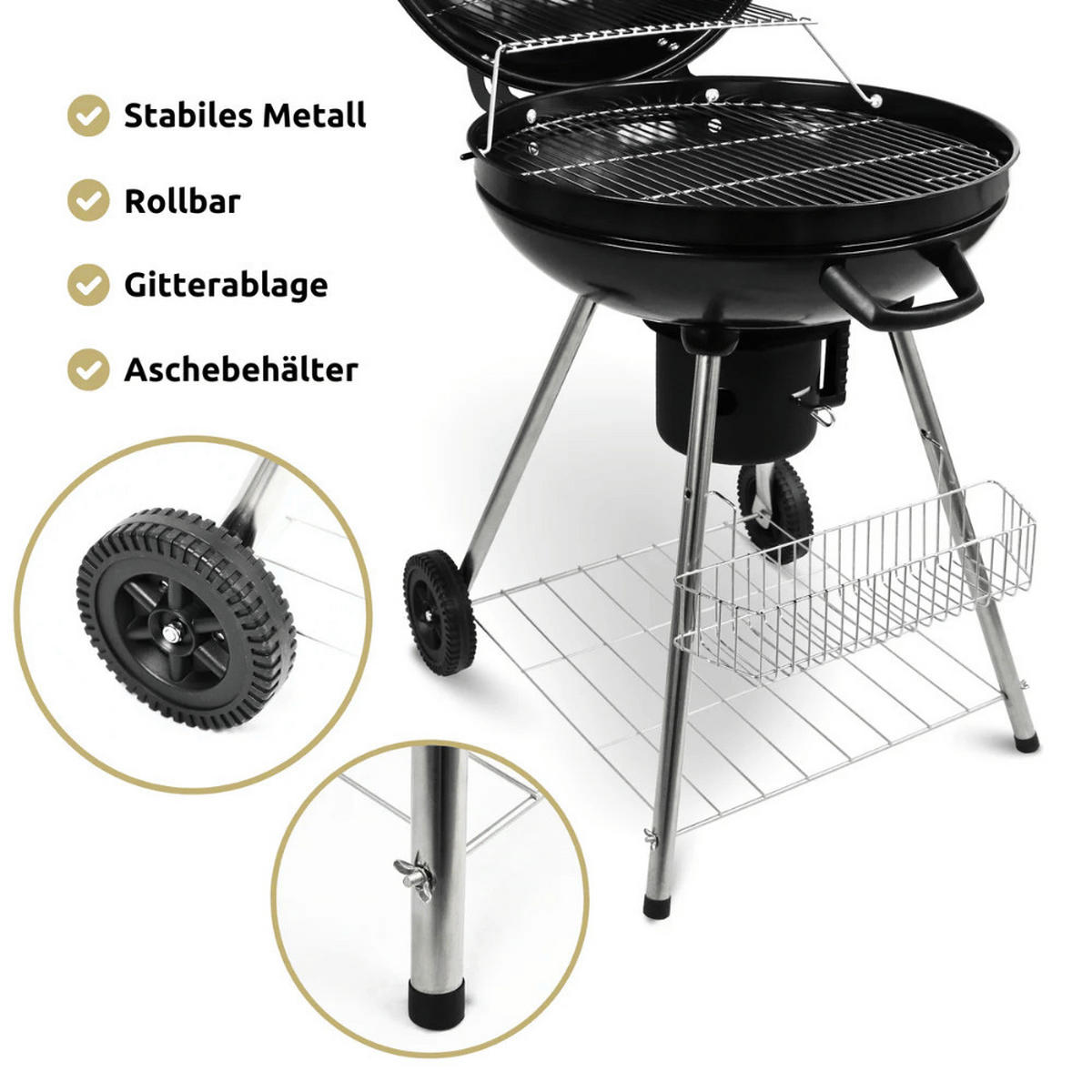 KUGELGRILL Holzkohle ENNO BBQ Grill Holzkohlegrill Schwarz - Schwarz, Metall (58.7/86/63.5cm) - DELUKE