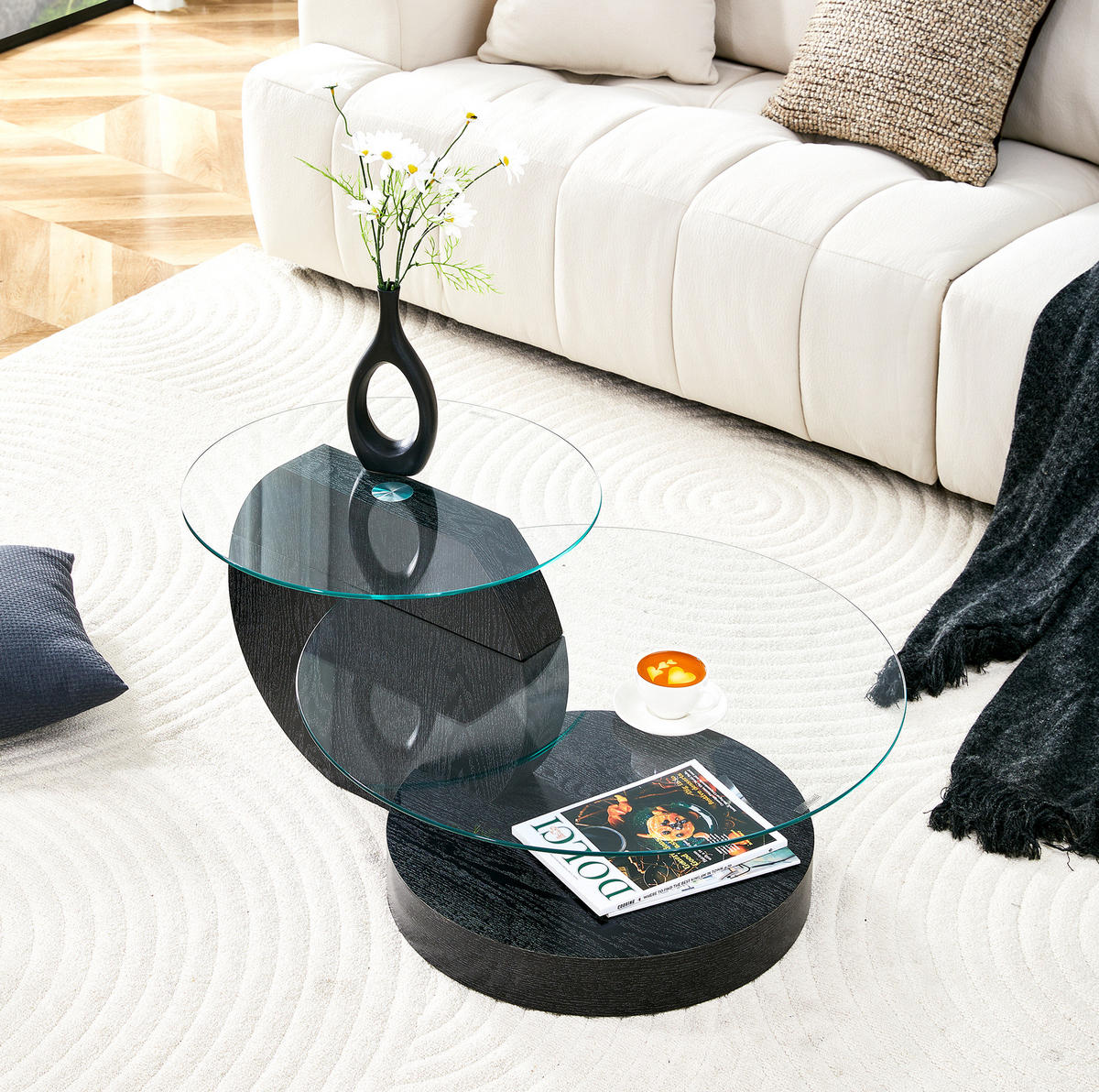 COUCHTISCH 70/50 cm aus MDF und Sicherheitsglas mit Ablage in Schwarz/Transparent - Transparent, Holzwerkstoff (70/70/44cm) - Flora Grace