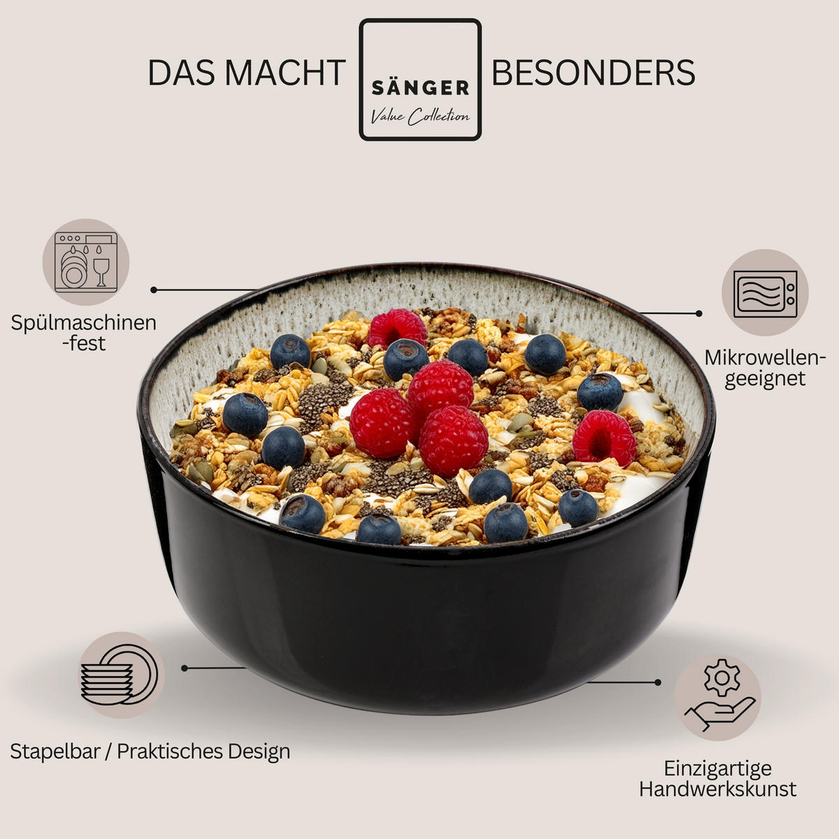 SCHALEN SET SANSIBAR - 6 teilig aus Steingut - Schwarz, Keramik (21cm) - Sänger
