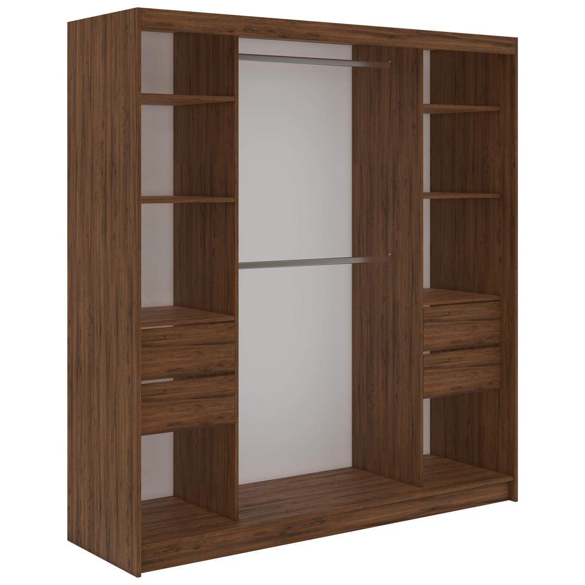 SCHWEBETÜRENSCHRANK mit Schubladen 200 - SKORIA - Warmia Walnuss mit Spiegel - Walnussfarben/Alufarben, Holzwerkstoff/Metall (200/216/61cm) - MKS