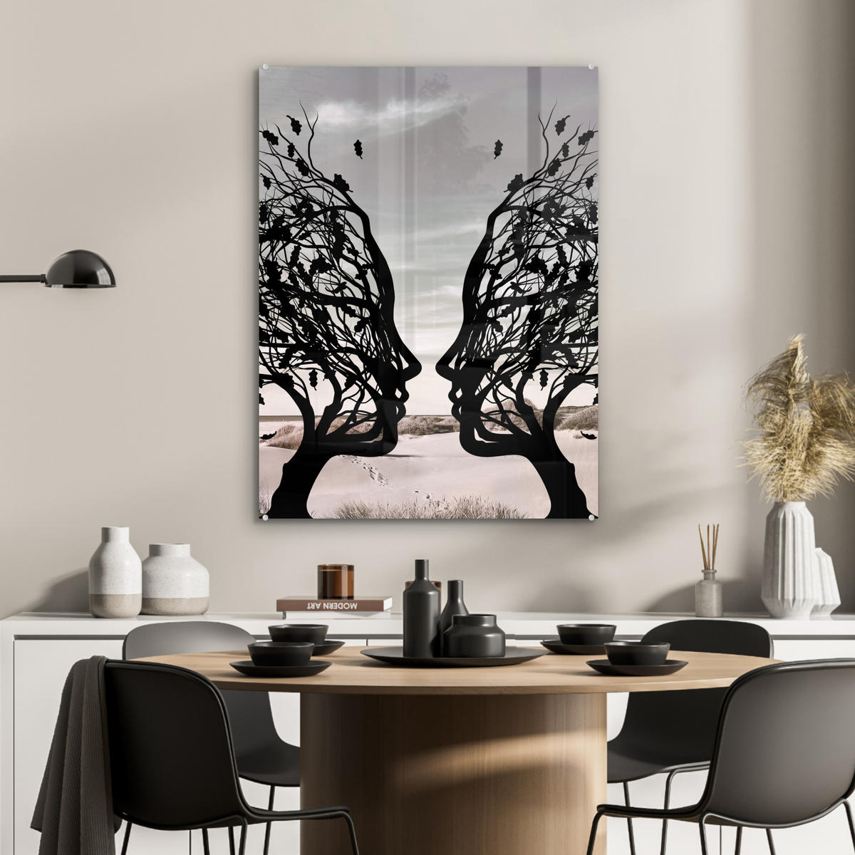 ACRYLGLASBILD Strand - Meer - Menschen - Baum - Moderne Kunst 60x80 cm - Hellgrau, Glas (60/80cm) - MuchoWow