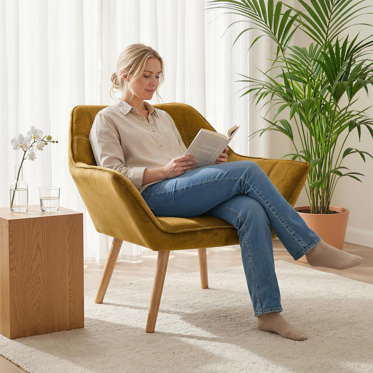 ARMLEHNENSTUHL DE-06807 Skandi Design mit Samtoptik und Kautschukholzbeinen Gelb - Gelb, Holz/Textil (61.5/71/67cm) - ComfortXL