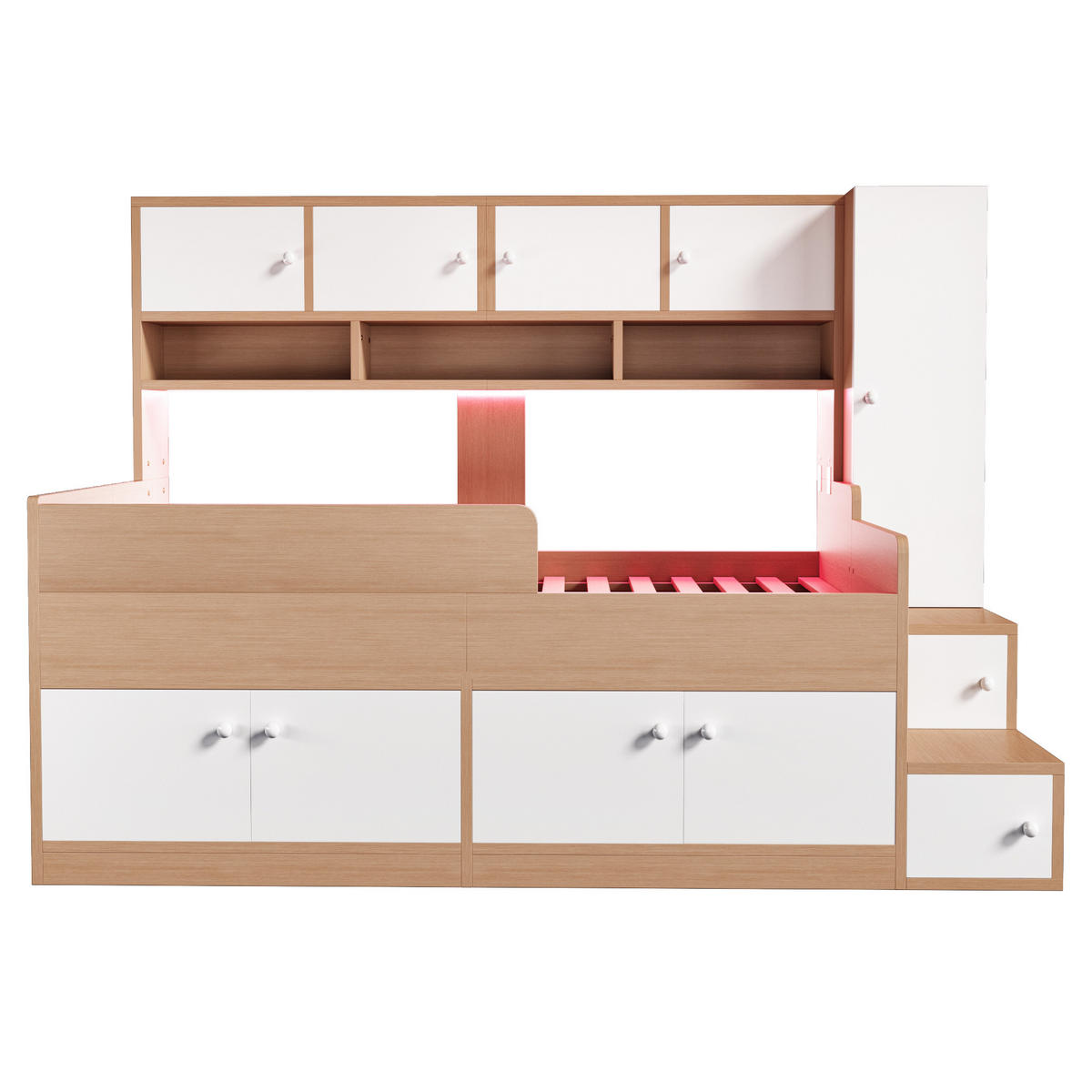 STAURRAUMBETT 90/200 cm DE-01518, in Holzfarbe, mit Kleiderschrank, Kletterleiter und LED-Beleuchtung - Naturfarben, Holzwerkstoff (90/200cm) - ComfortXL