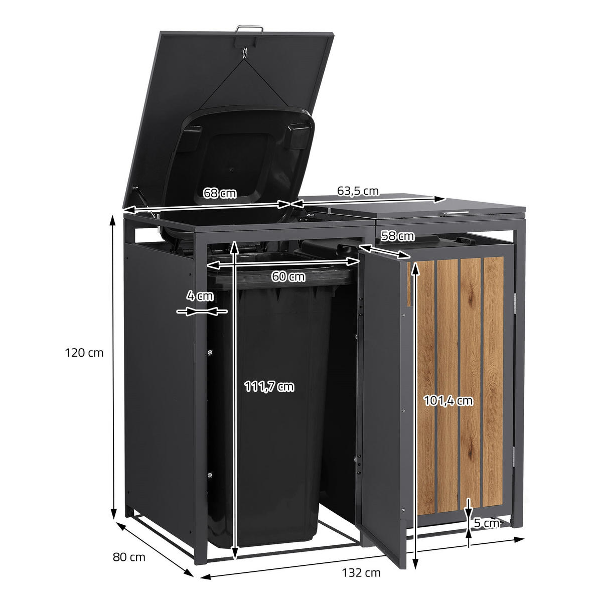 MÜLLTONNENBOX 2er 240L 132x80x120 cm Anthrazit-Eiche hell aus Stahl - Hellbraun, Metall (80/120/132cm) - ML-DESIGN