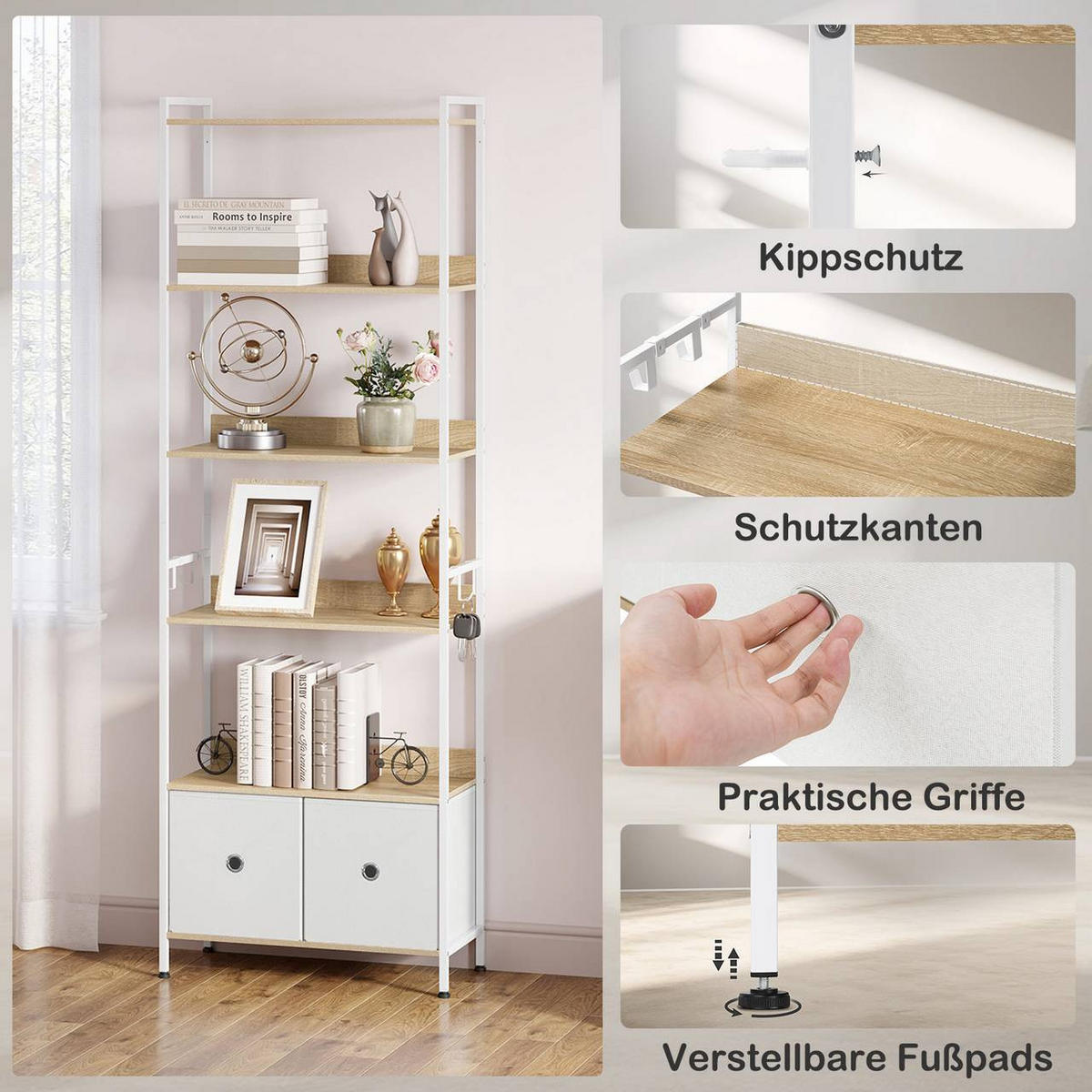 REGAL mit 5 Ablagen, 2 Schubladen, Helle Eiche+Weiß - Eichefarben/Weiß, Holzwerkstoff/Textil (63/187/30cm) - Woltu