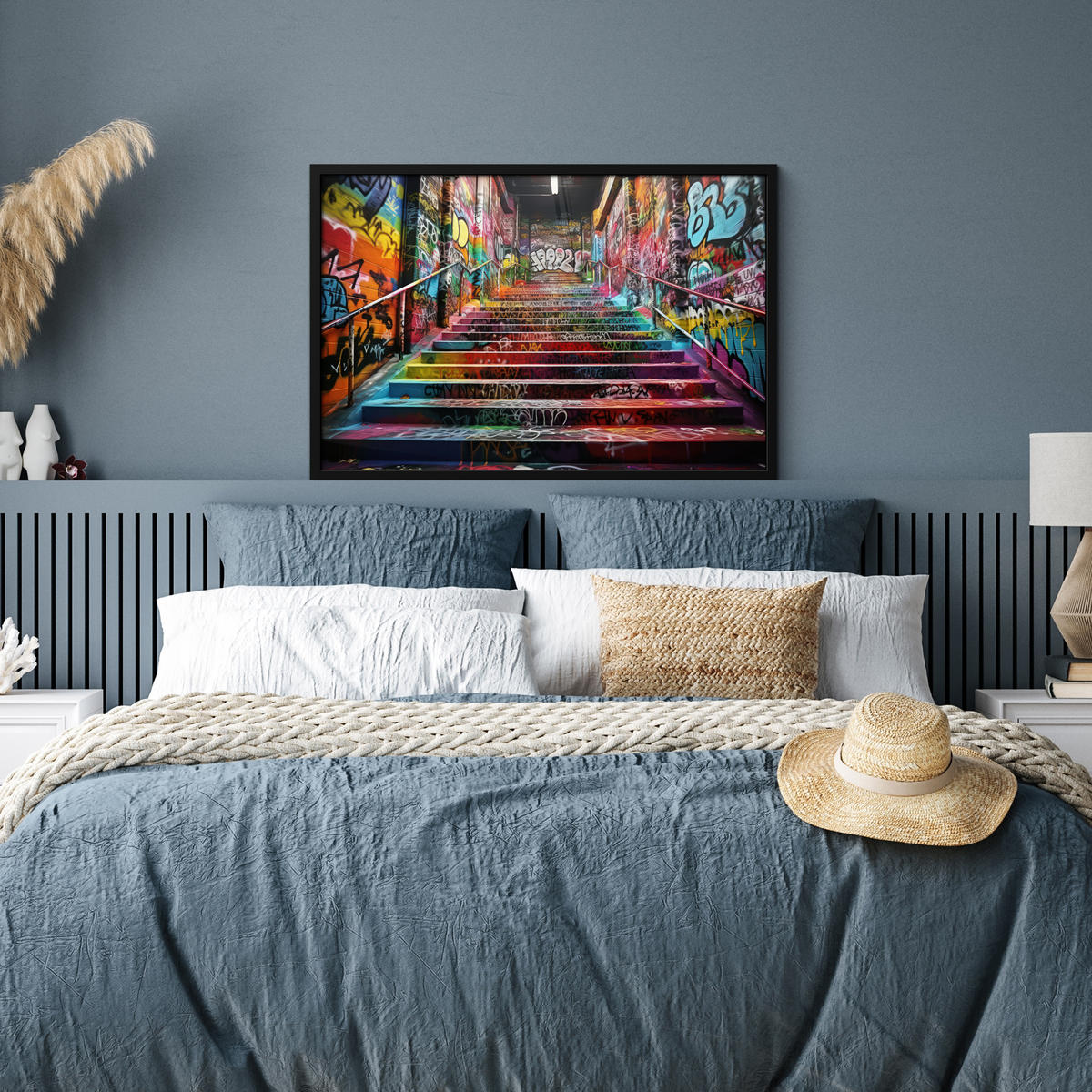 POSTER MIT RAHMEN Treppe - Graffiti - Farben - Kunst 90x60 cm - Multicolor, Papier (90/60cm) - MuchoWow