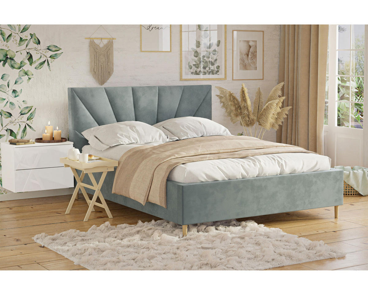 POLSTERBETT AINA 180x200 cm French Velvet 679, 34 Holzlatten, Kopfteil 104 cm - Blau, Textil (180/200cm) - Lookway
