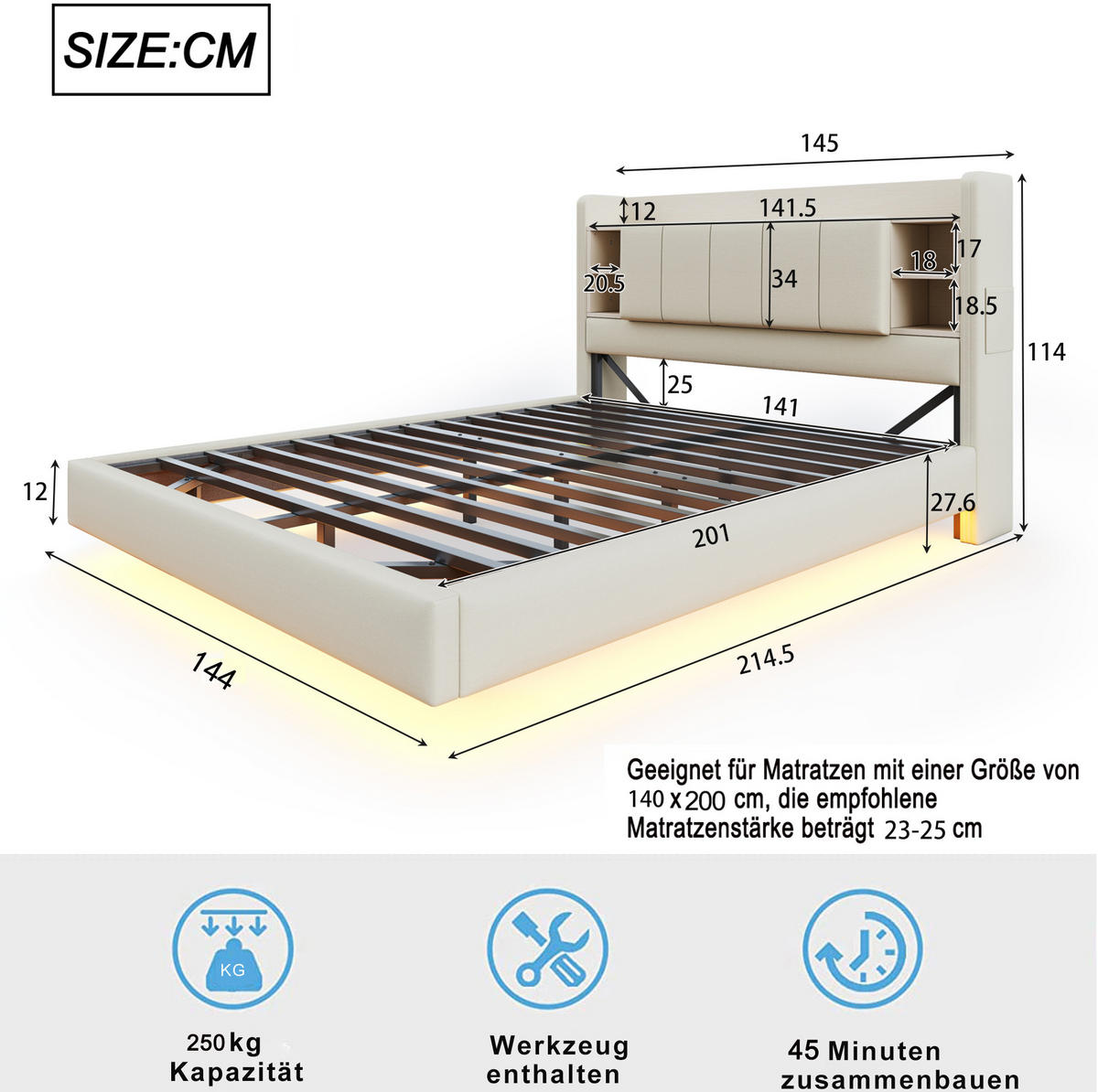 POLSTERBETT mit LED-Beleuchtung 140/200 cm mit USB und Stauraum in Beige - Beige, Textil (140/200cm) - BEAOK