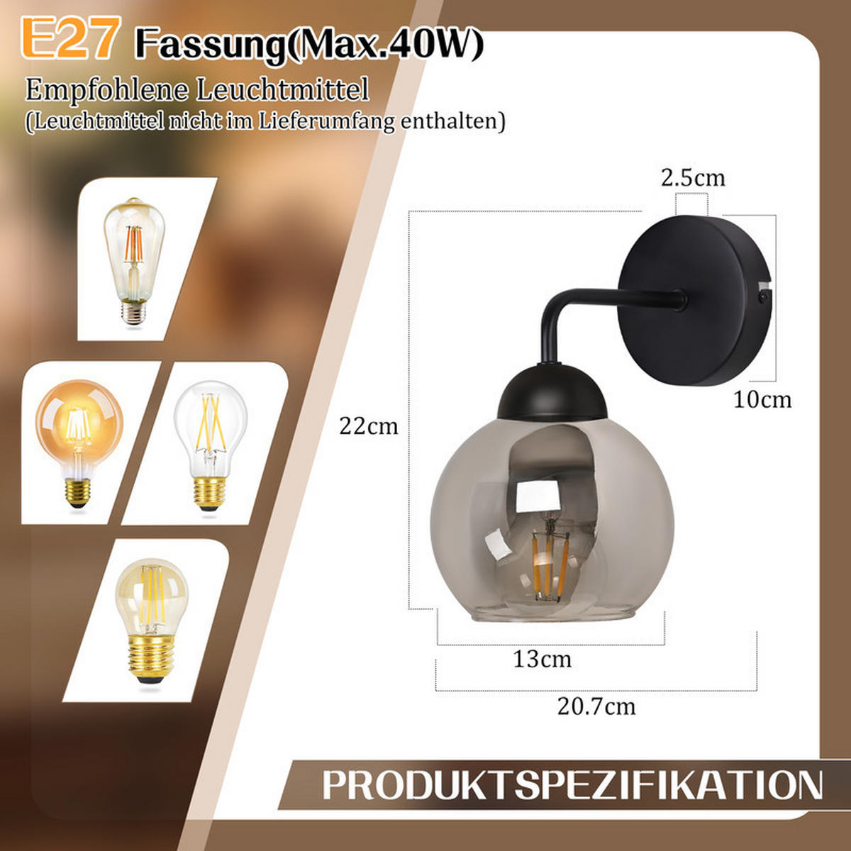 WANDLEUCHTE Inverter 22/13/13 cm - Schwarz, Glas (13/13/22cm) - ZMH