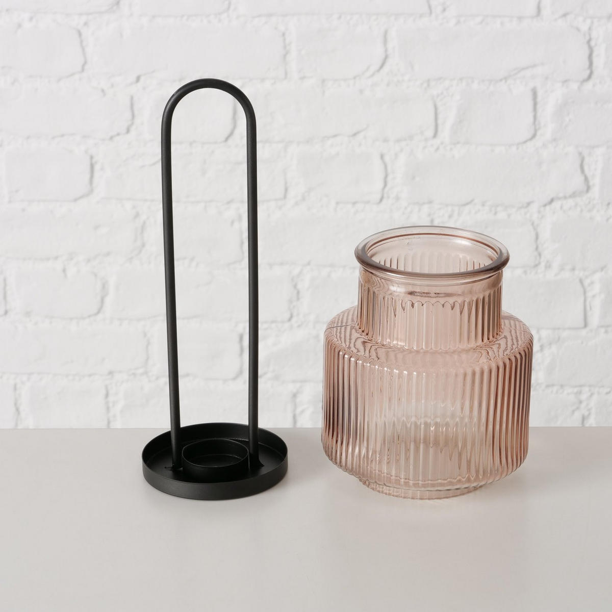 GLASLATERNE aus geriffeltem Glas Riffa 12,9/12,9/25,5 cm - Rosa, Glas (12.9/25.5/12.9cm) - Boltze Home