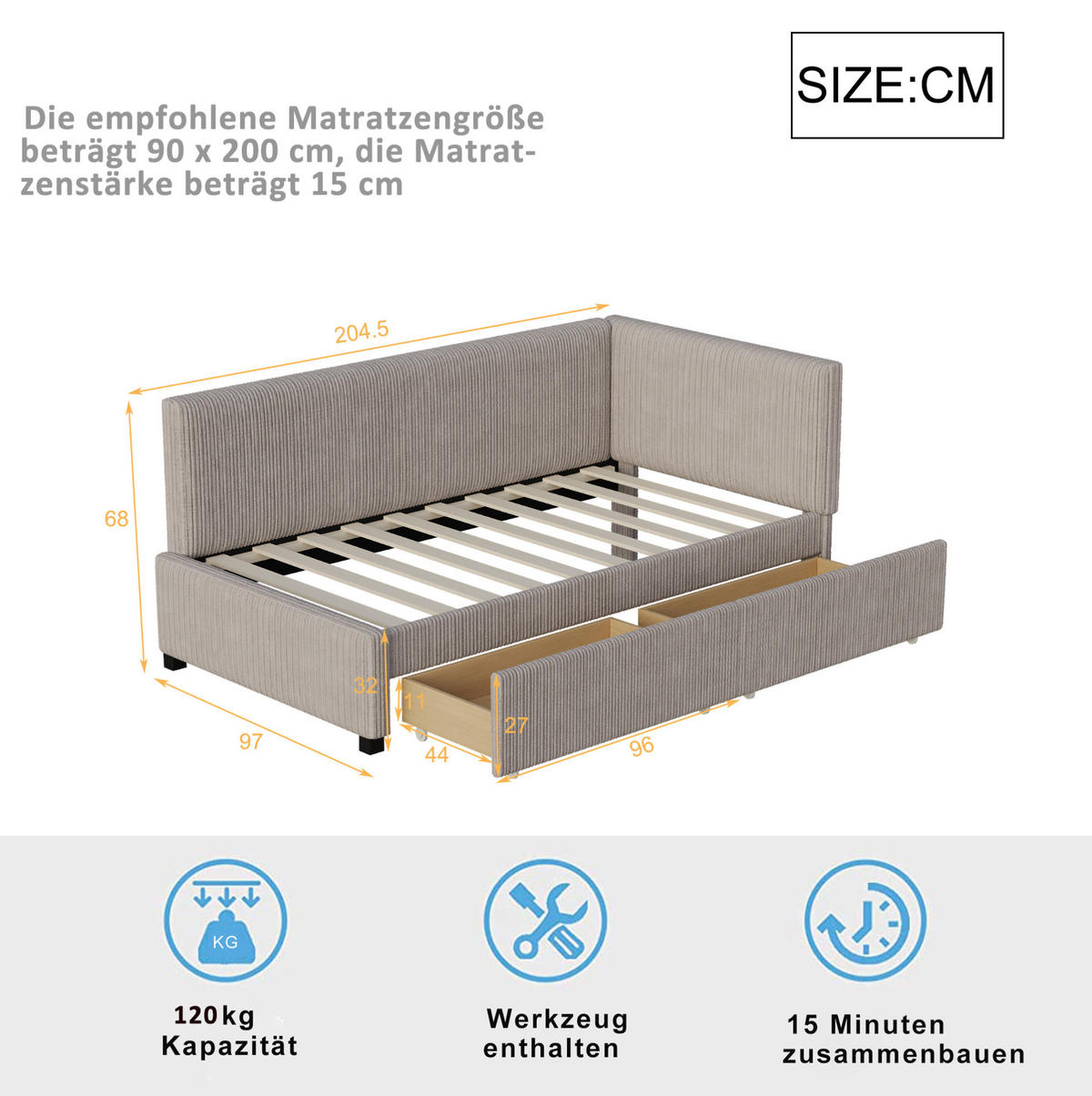 ČALÚNENÁ posteľ z poťahu, 205/97/68 cm sivá, s úložnými zásuvkami a lamelovým roštom - sivá, koža (90/200cm) - BEAOK