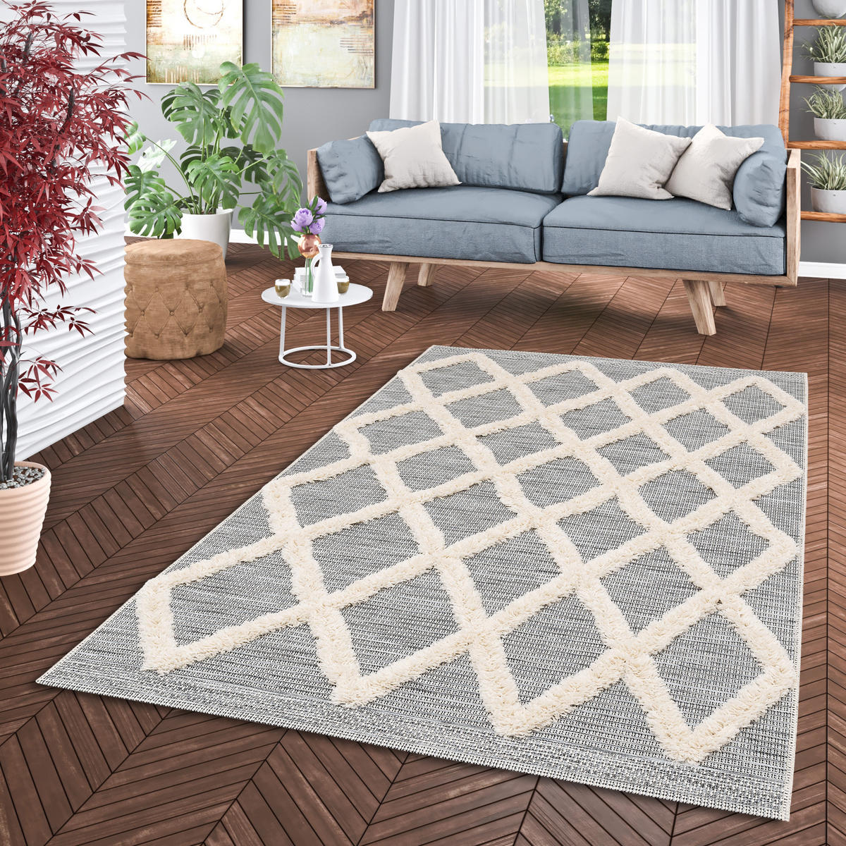 IN & OUTDOOR TEPPICH SHAGGY JUIST RAUTEN - Grau, Textil (120/170cm) - Pergamon