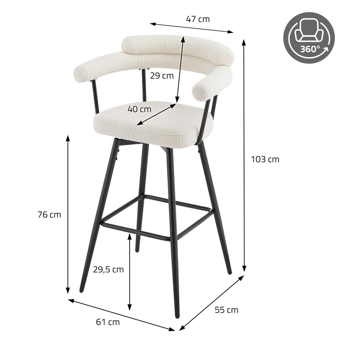BAROVÉ STOLIČKY sada 2 ks otočné béžové s plyšovým potahem, výška 76 cm - černá/béžová, kov/textil (61/103/55cm) - ML-DESIGN