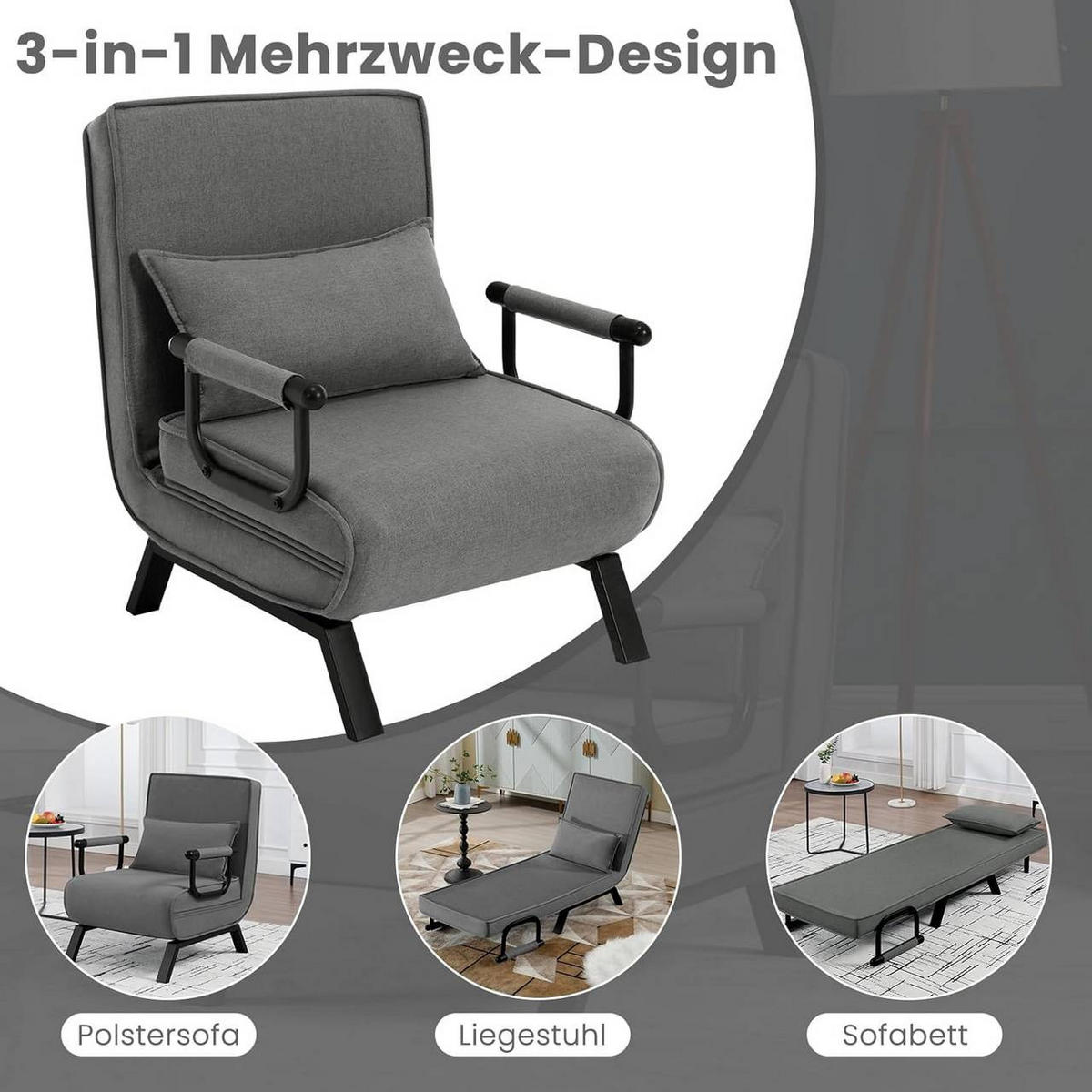 SCHLAFSESSEL 3 in 1, mit Verstellbarer Rückenlehne, Leinen Dunkelgrau - Dunkelgrau/Schwarz, Textil/Metall (65/78/75cm) - Woltu