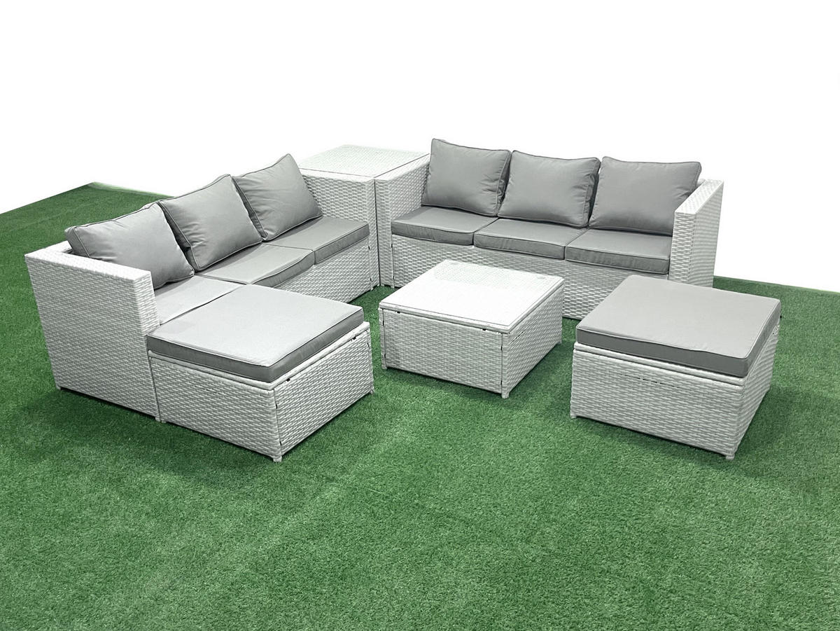 GARTENMÖBEL-SET mit Kissen Polyrattan Hellgrau-Mix 8-Sitzer - Hellgrau/Grau, Glas/Kunststoff - Fimous