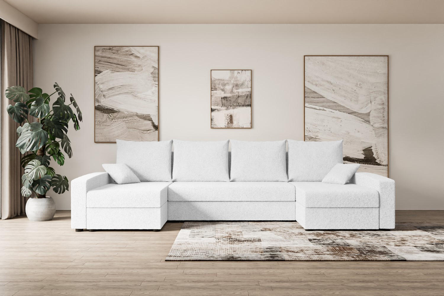WOHNLANDSCHAFT mit Schlaffunktion und Bettkasten ALESIA-U 301x140x90 cm Weiß Bouclé - Silberfarben/Weiß, Holzwerkstoff/Kunststoff (301/90/140cm) - ALTDECOR